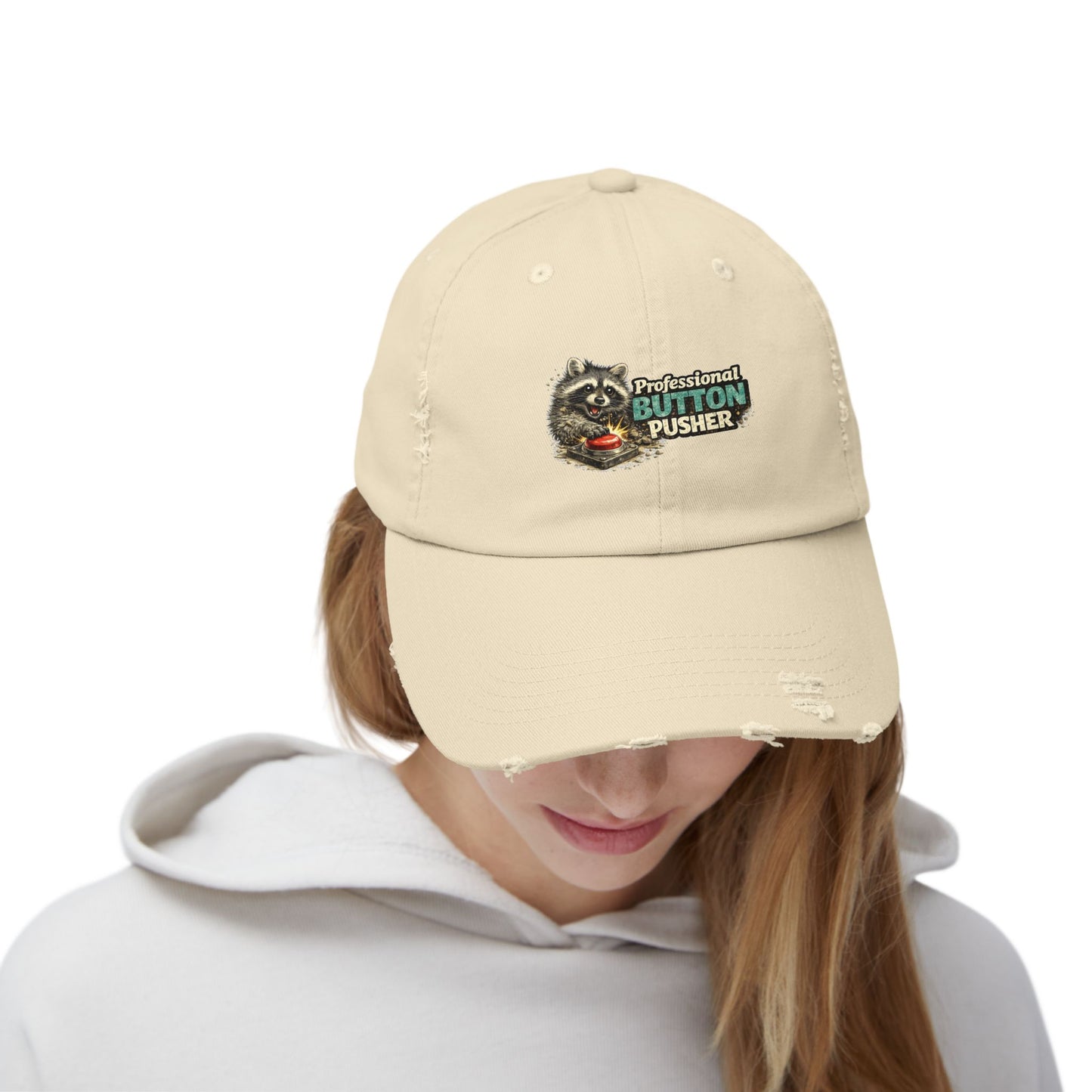 Button Pusher Distressed Cap — Raccoon Mom/Dad Funny Dad Hat
