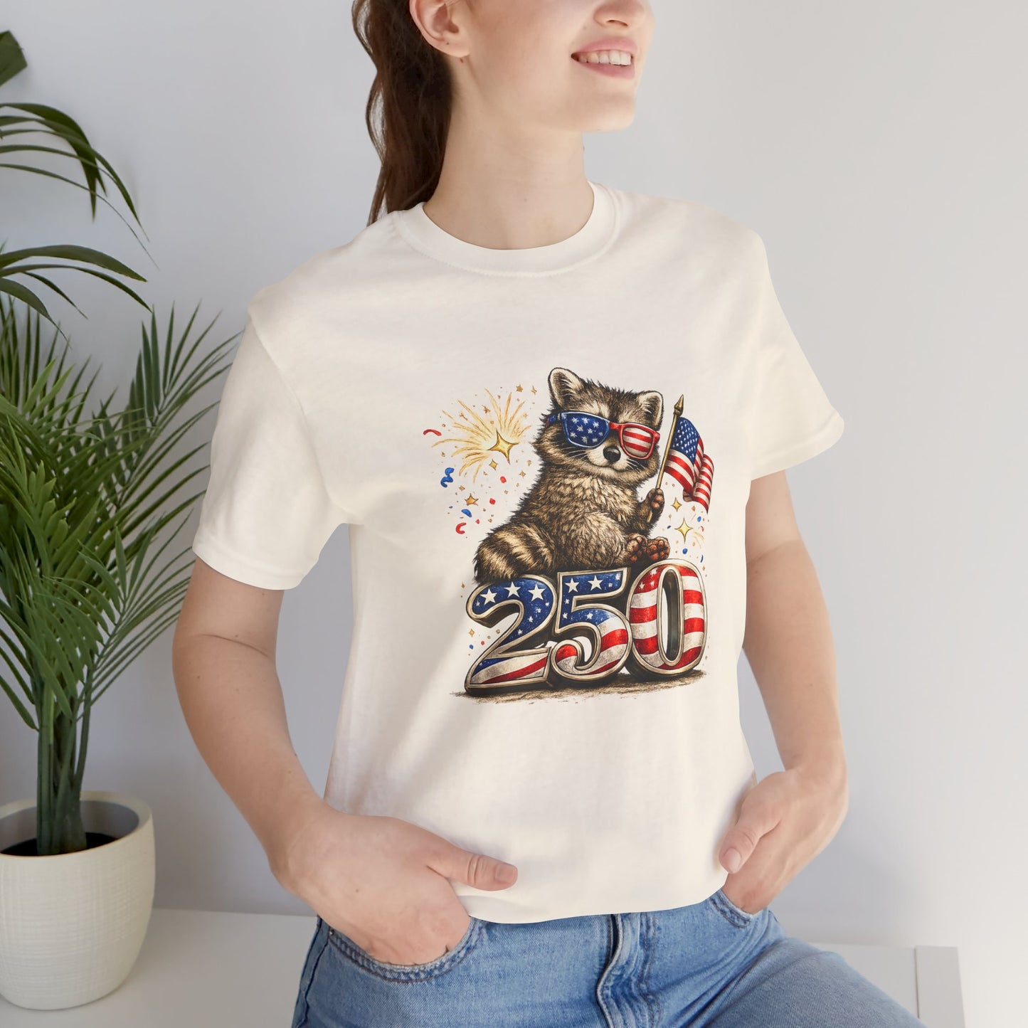 Patriot Raccoon 250th Anniversary T-Shirt — 4th of July Fireworks Flag Tee