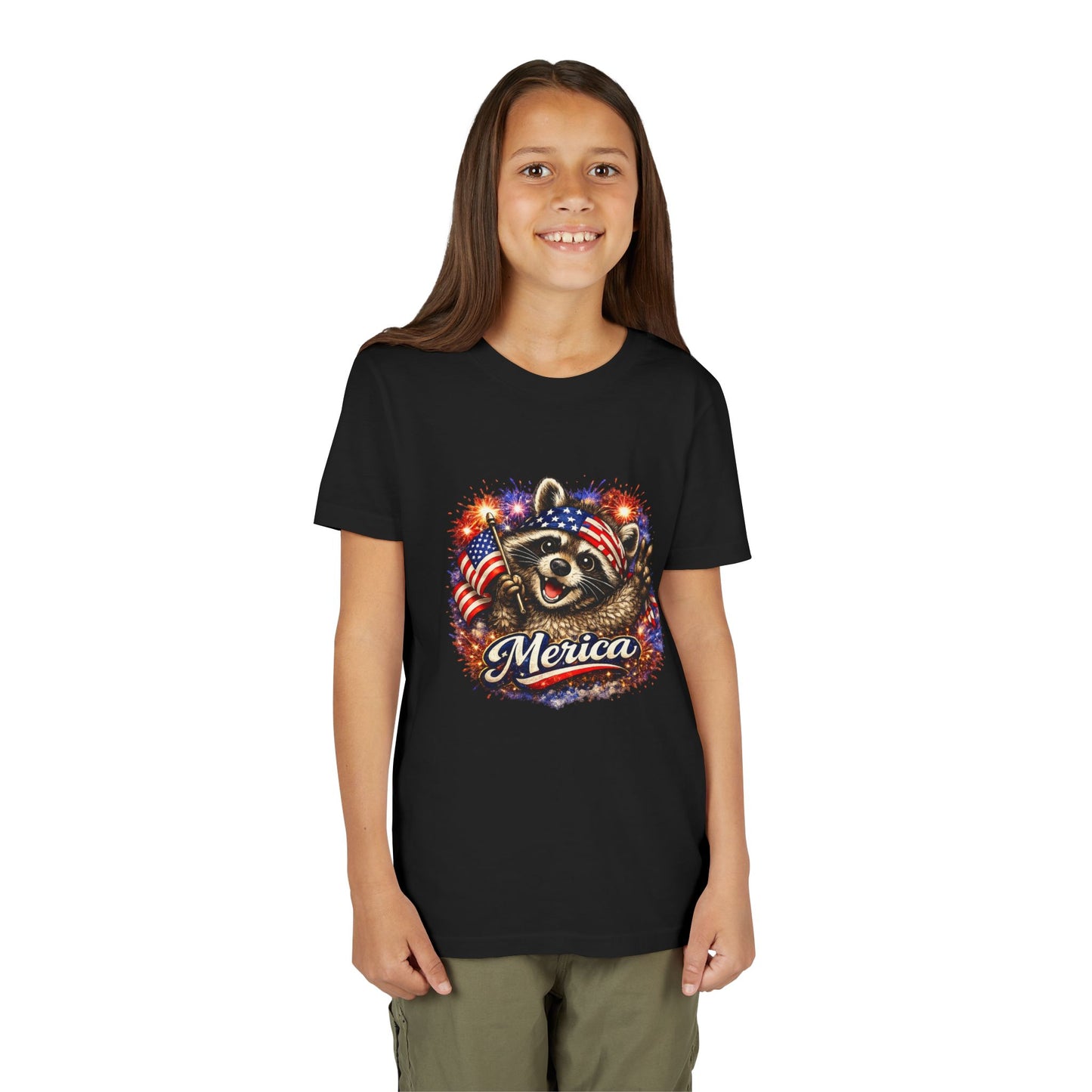 Patriotic Raccoon Youth Tee — Raccoon with American Flag & Fireworks