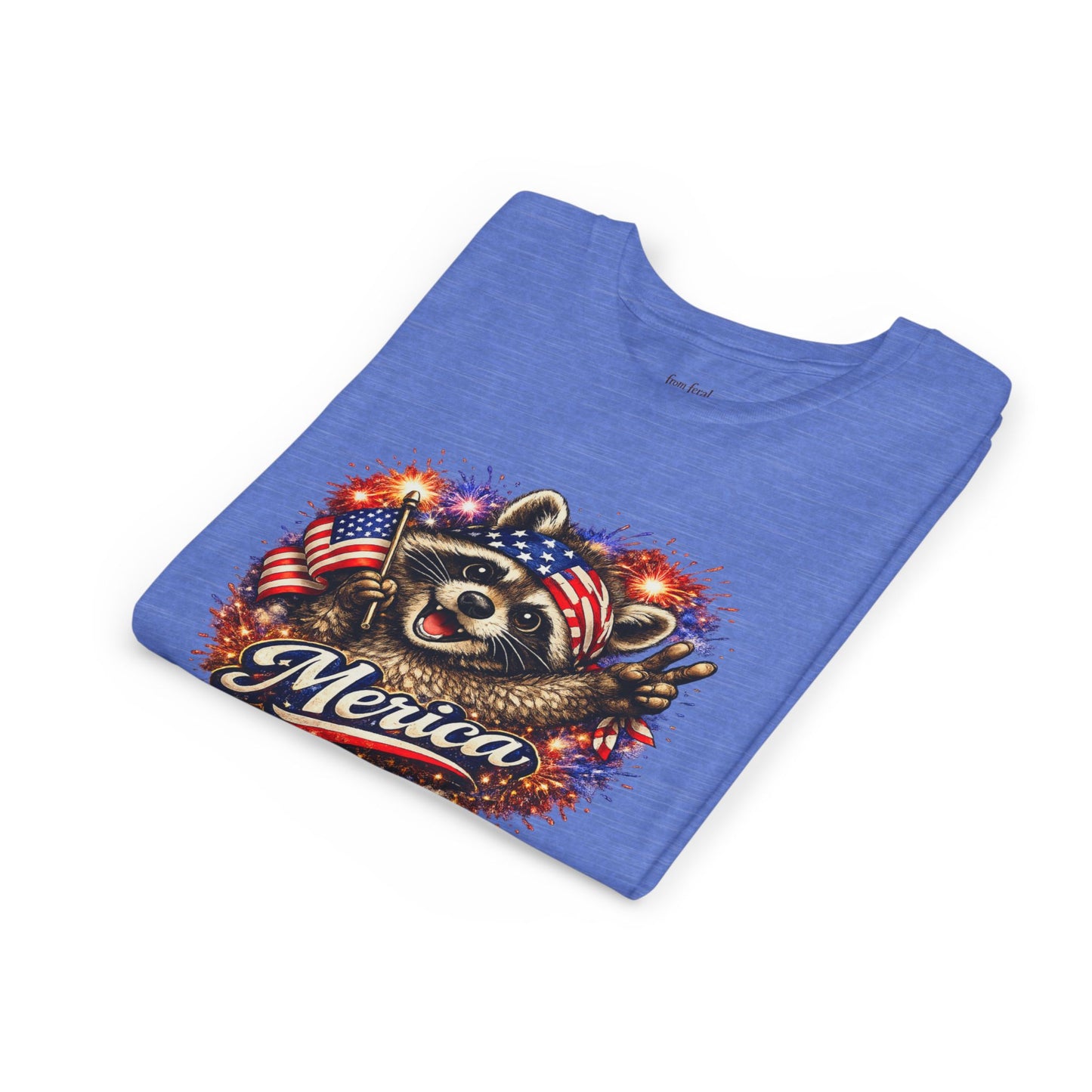 Patriotic Raccoon Youth Tee — Raccoon with American Flag & Fireworks