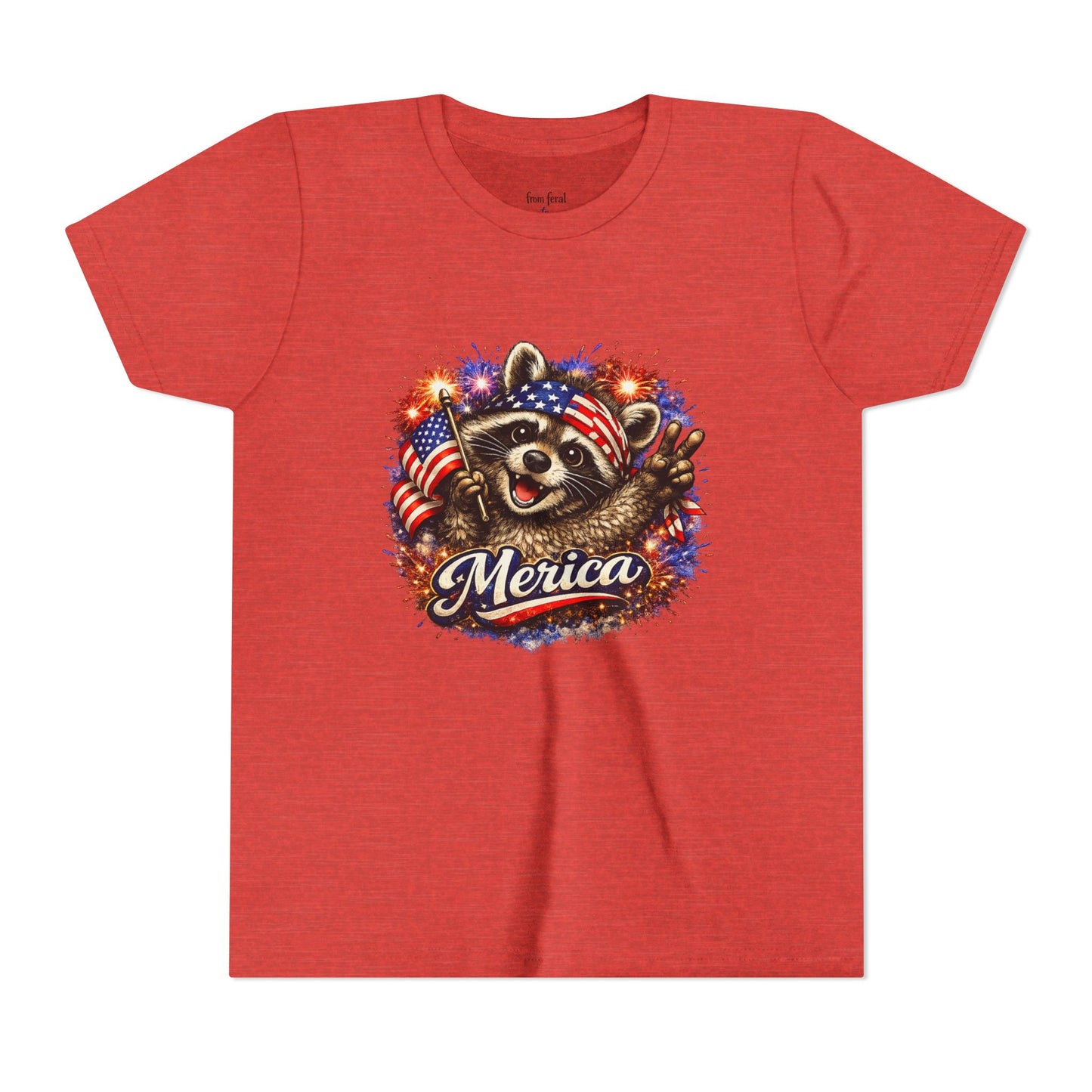 Patriotic Raccoon Youth Tee — Raccoon with American Flag & Fireworks