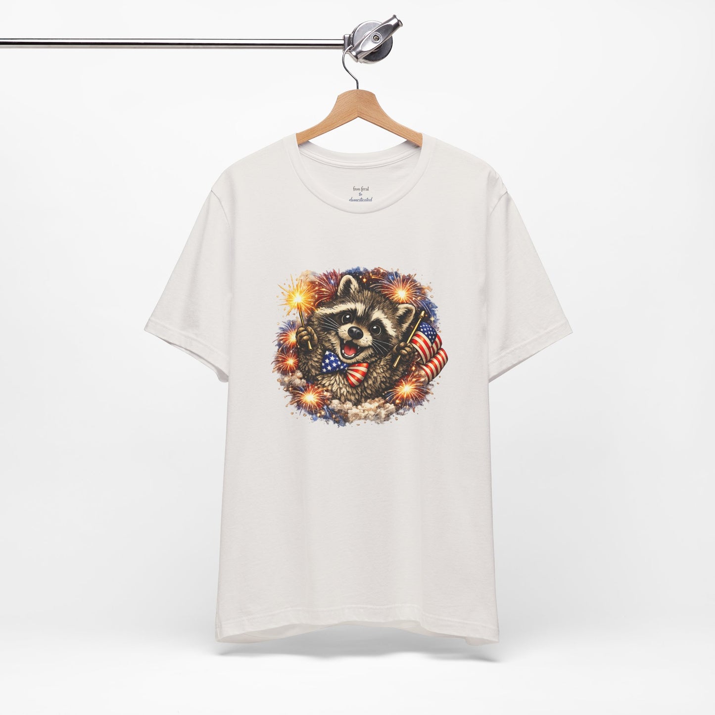 Patriot Raccoon 250th Anniversary T-Shirt — 4th of July Fireworks Flag Tee