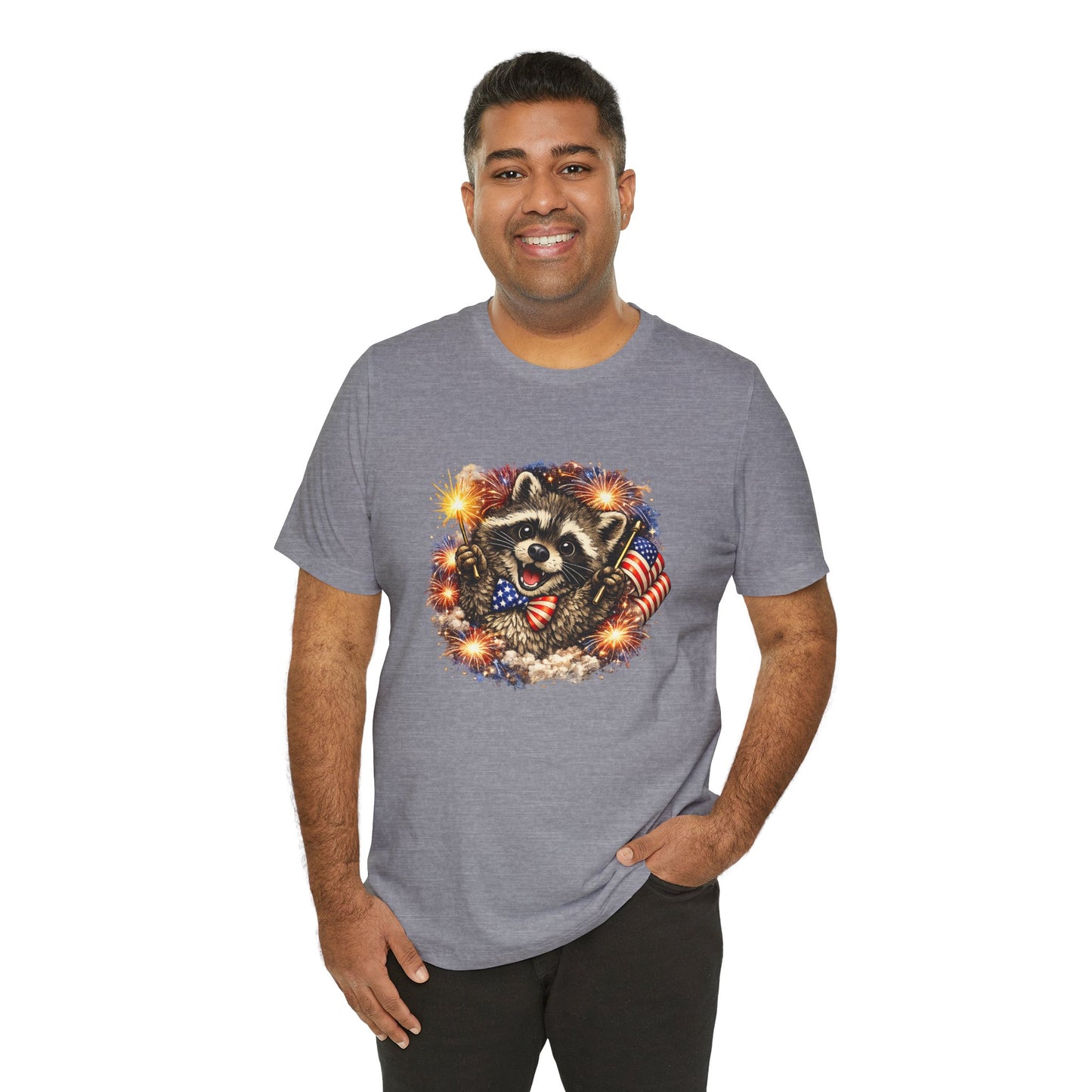 Patriot Raccoon 250th Anniversary T-Shirt — 4th of July Fireworks Flag Tee