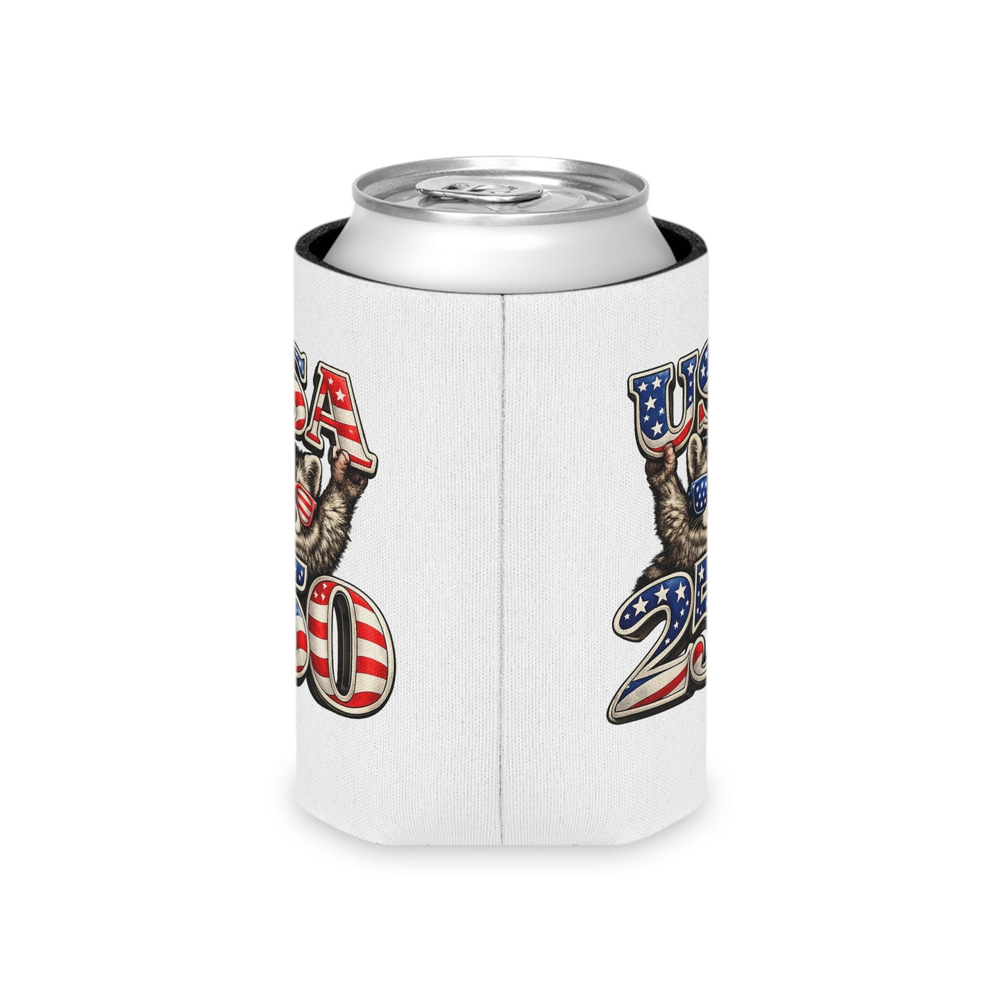 Patriotic Raccoon 250 Can Cooler – USA Flag, 4th of July Drink Koozie