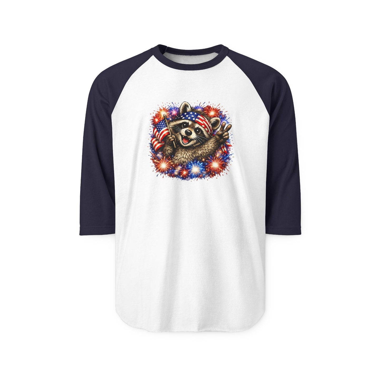 Patriotic Raccoon 250 Raglan Shirt — Fourth of July Fireworks Tee