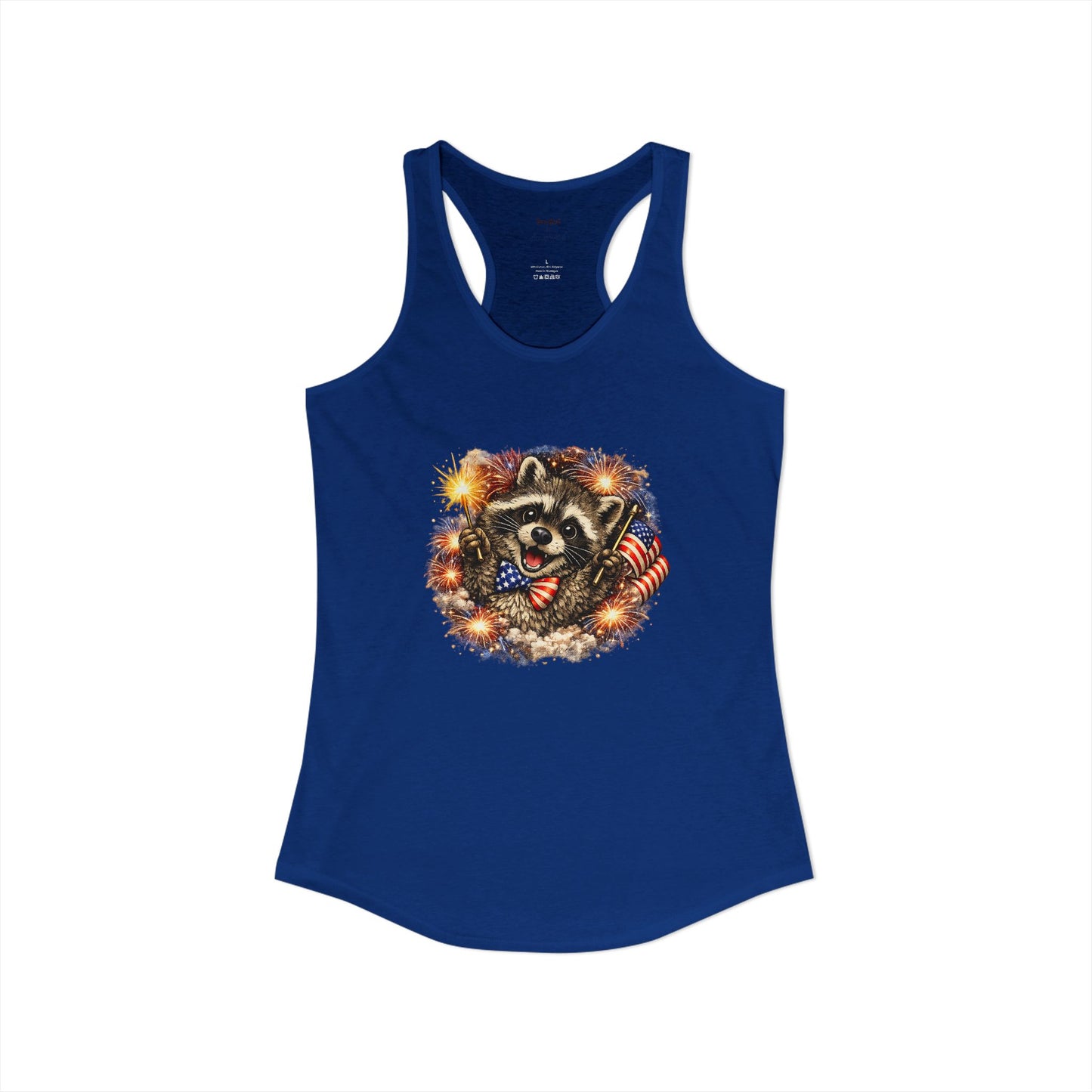 Patriotic Raccoon 4th of July Tank — Raccoon on 250 with Flag & Fireworks Racerback Tank