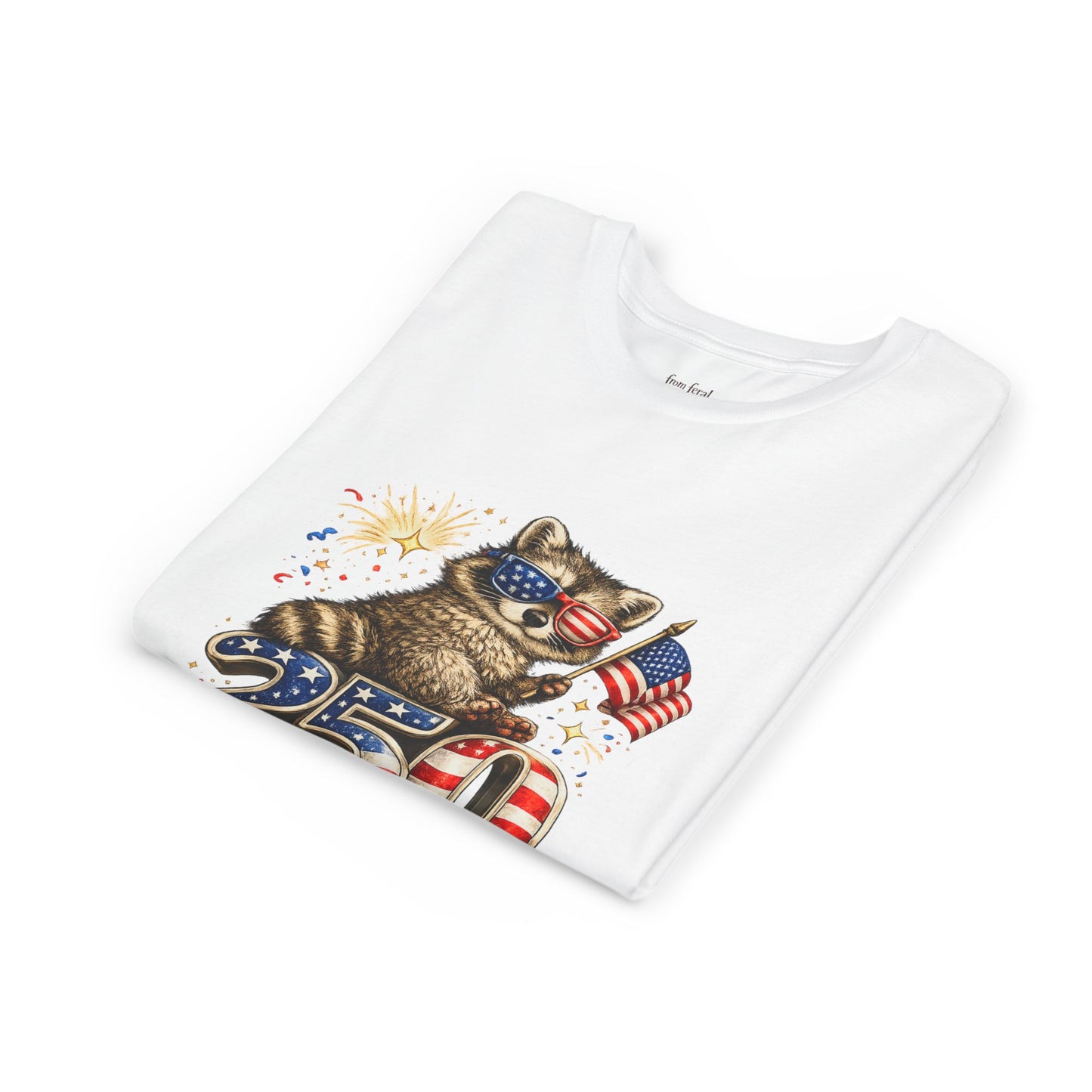Patriotic Raccoon Youth Tee — Raccoon with American Flag & Fireworks