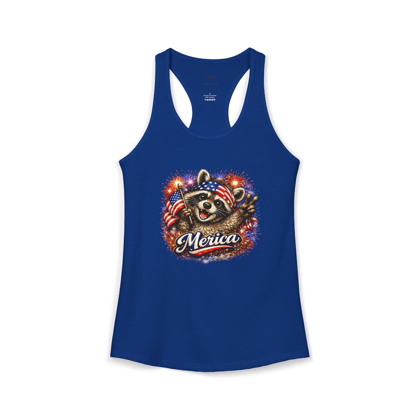 Patriotic Raccoon 4th of July Tank — Raccoon on 250 with Flag & Fireworks Racerback Tank
