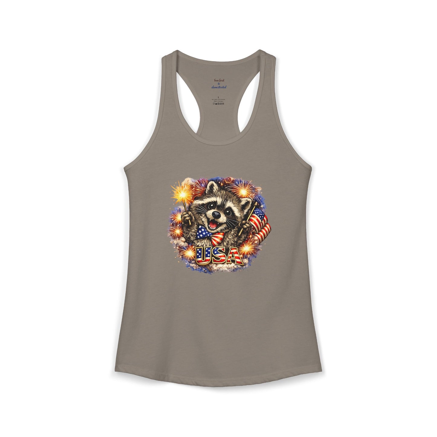 Patriotic Raccoon 4th of July Tank — Raccoon on 250 with Flag & Fireworks Racerback Tank