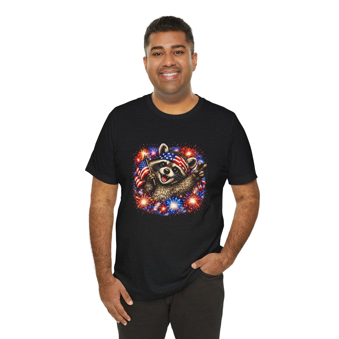 Patriot Raccoon 250th Anniversary T-Shirt — 4th of July Fireworks Flag Tee