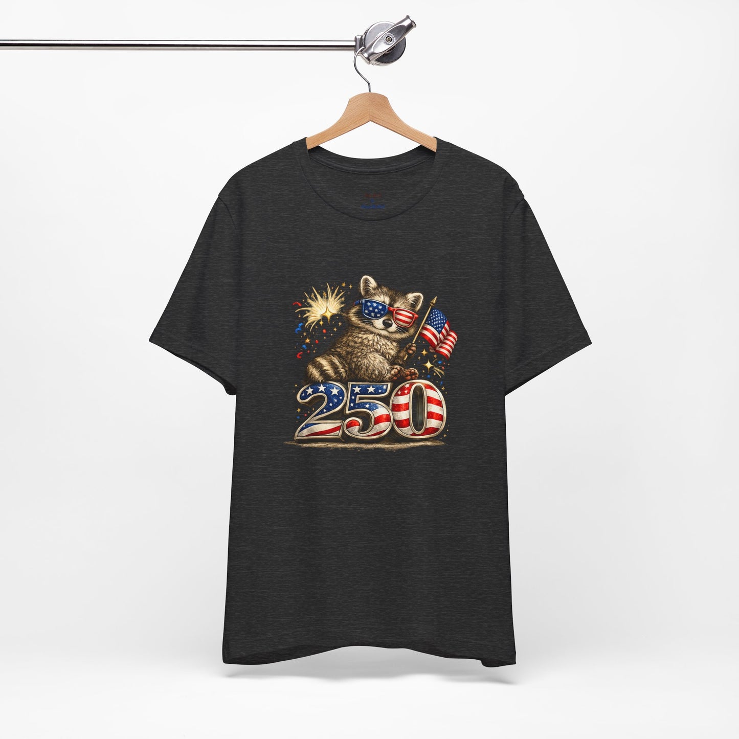 Patriot Raccoon 250th Anniversary T-Shirt — 4th of July Fireworks Flag Tee