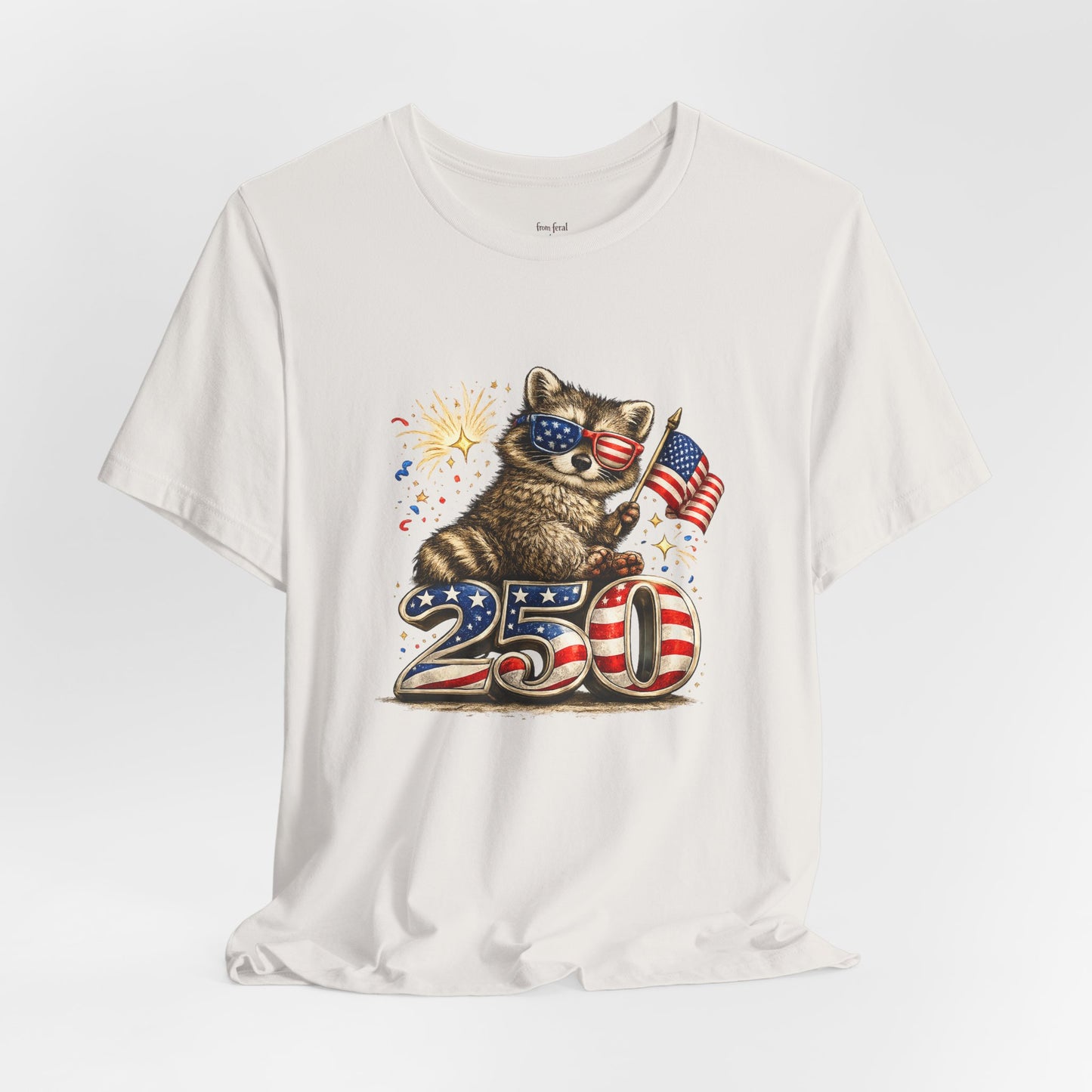 Patriot Raccoon 250th Anniversary T-Shirt — 4th of July Fireworks Flag Tee