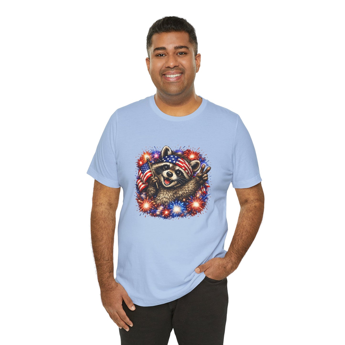 Patriot Raccoon 250th Anniversary T-Shirt — 4th of July Fireworks Flag Tee