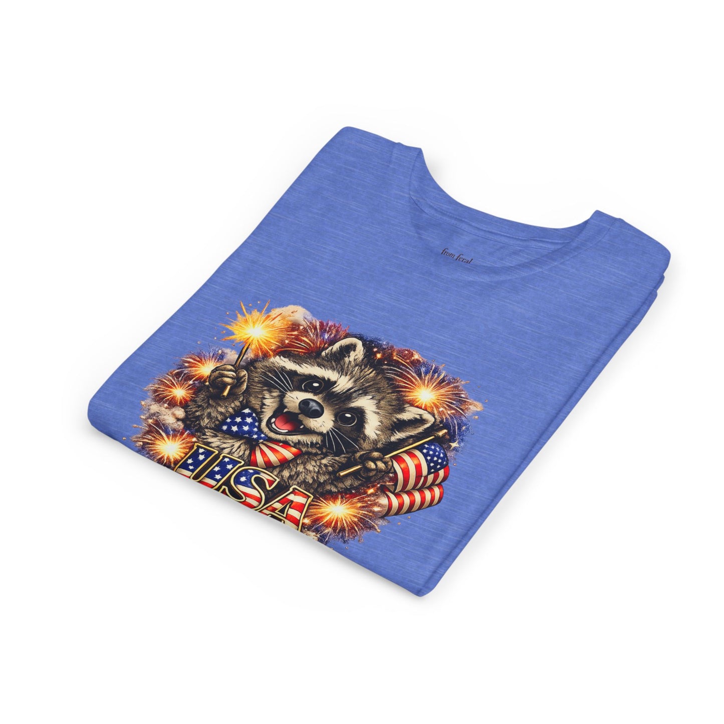Patriotic Raccoon Youth Tee — Raccoon with American Flag & Fireworks