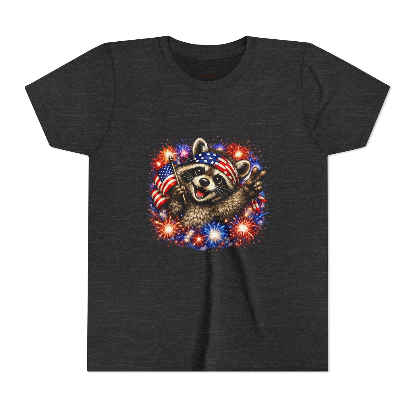 Patriotic Raccoon Youth Tee — Raccoon with American Flag & Fireworks
