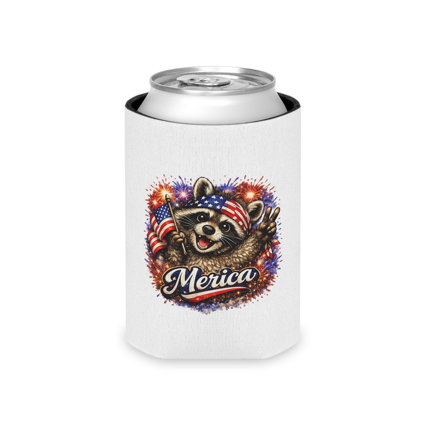 Patriotic Raccoon 250 Can Cooler – USA Flag, 4th of July Drink Koozie