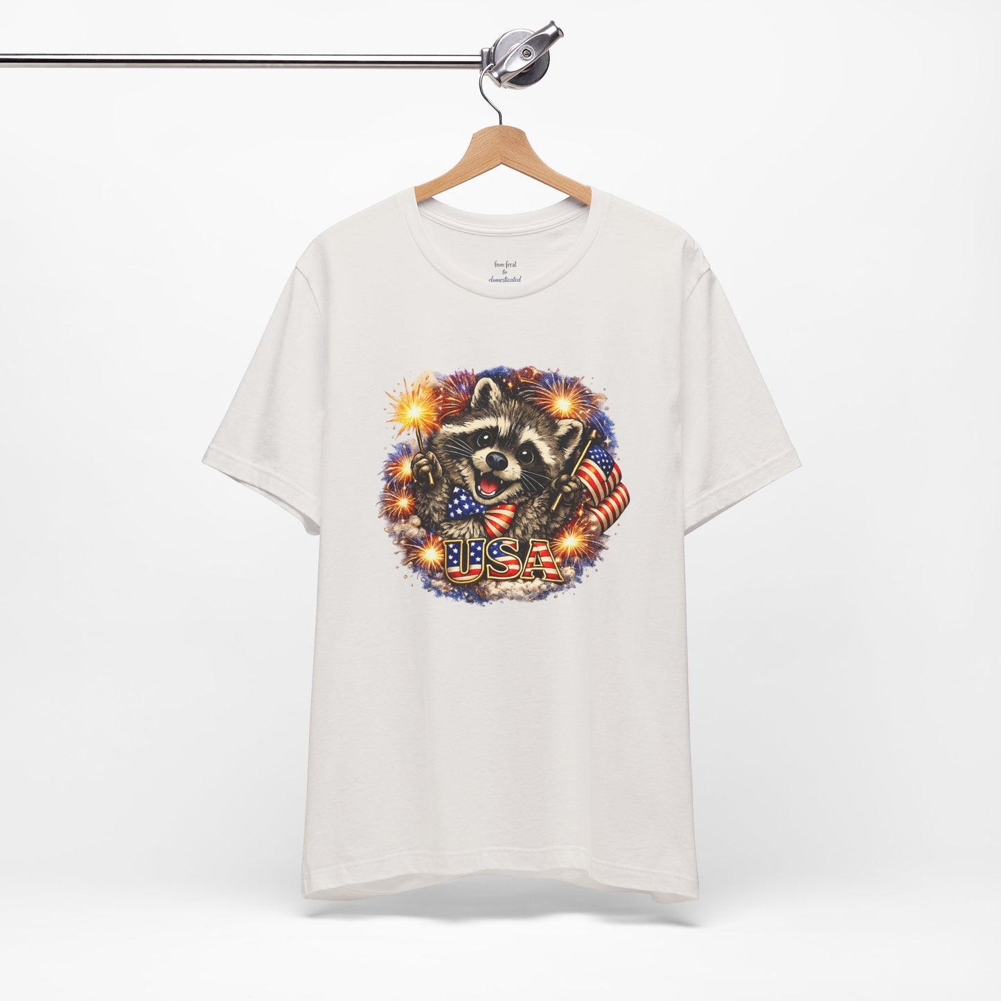 Patriot Raccoon 250th Anniversary T-Shirt — 4th of July Fireworks Flag Tee