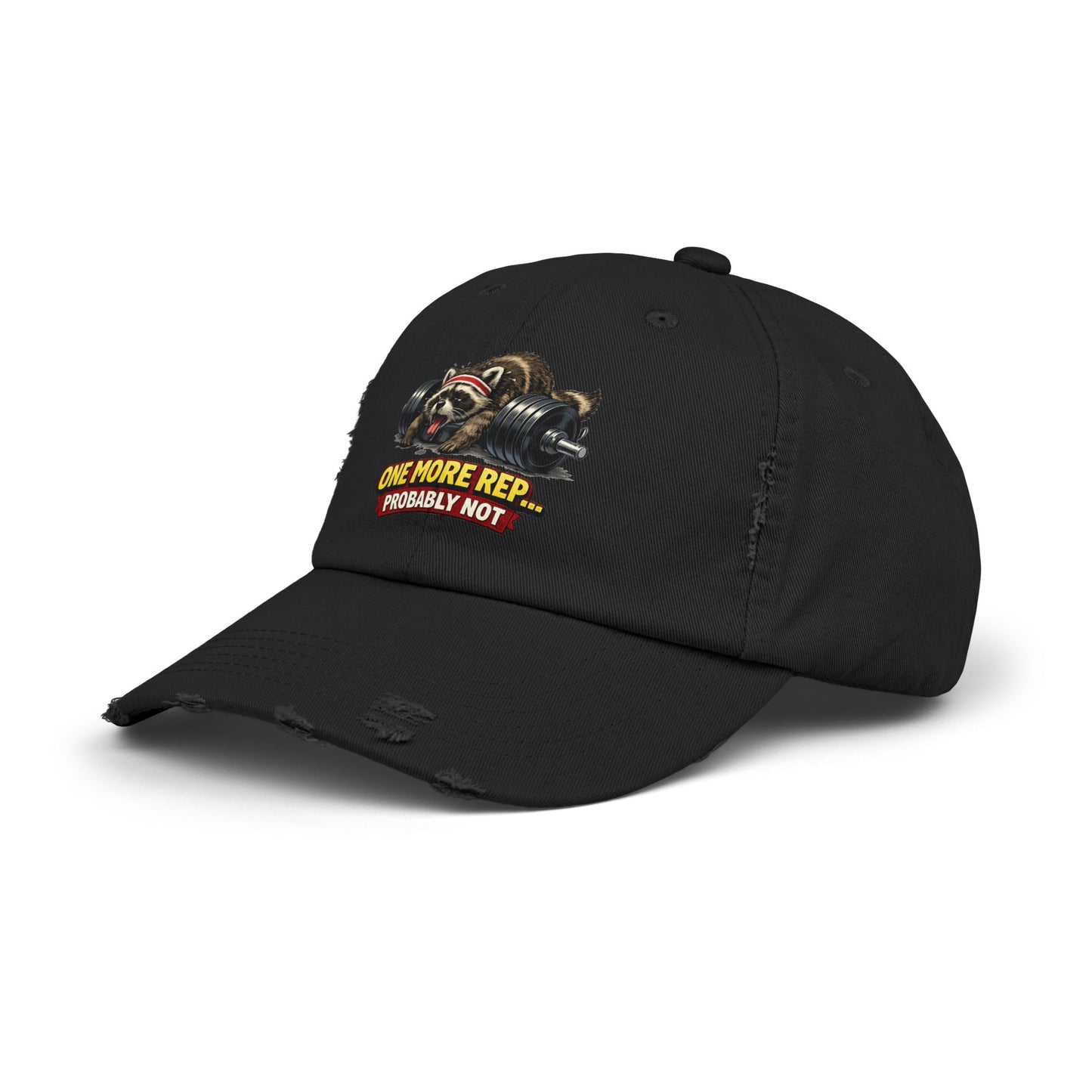 One More Rep Distressed Cap — Raccoon Mom/Dad Funny Dad Hat