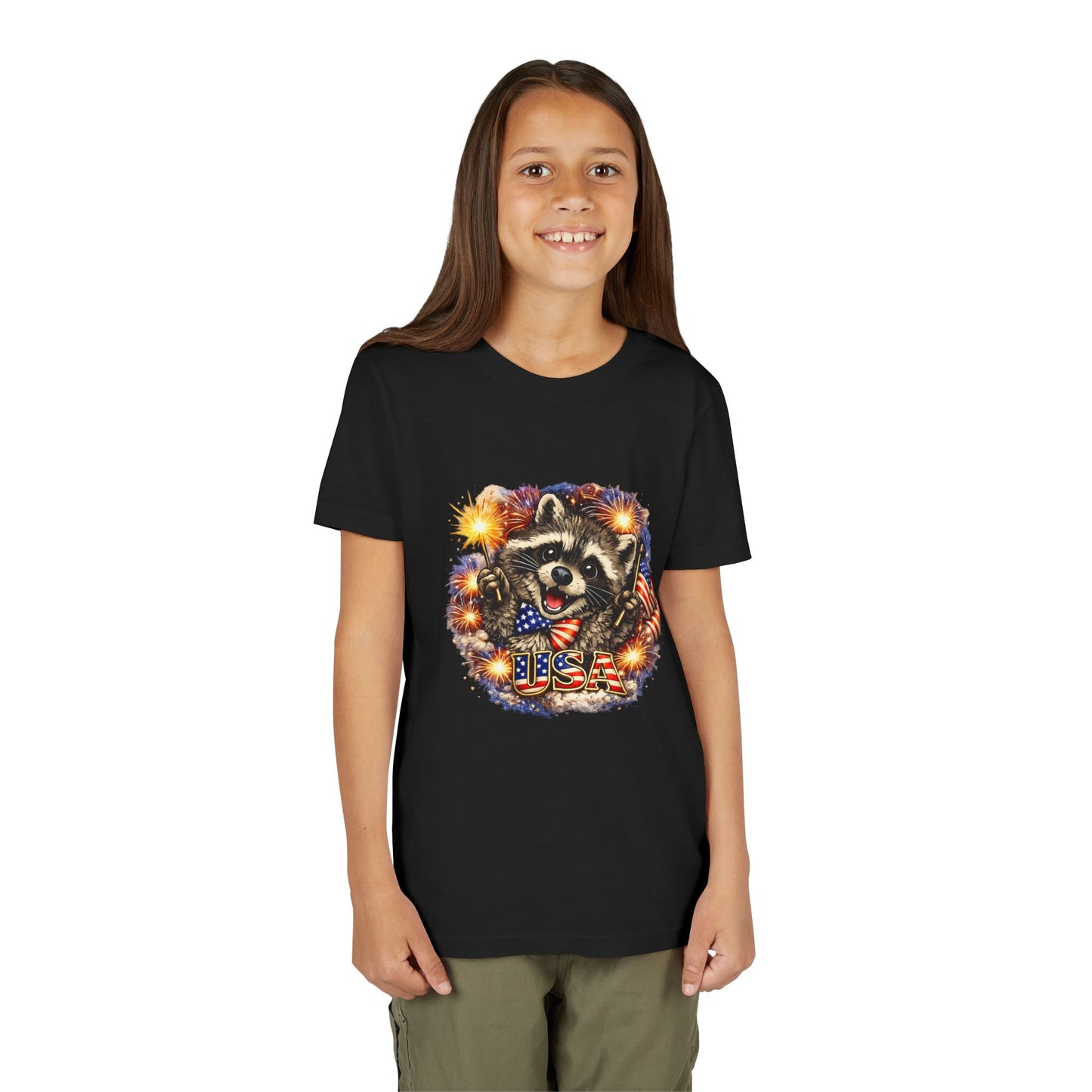 Patriotic Raccoon Youth Tee — Raccoon with American Flag & Fireworks