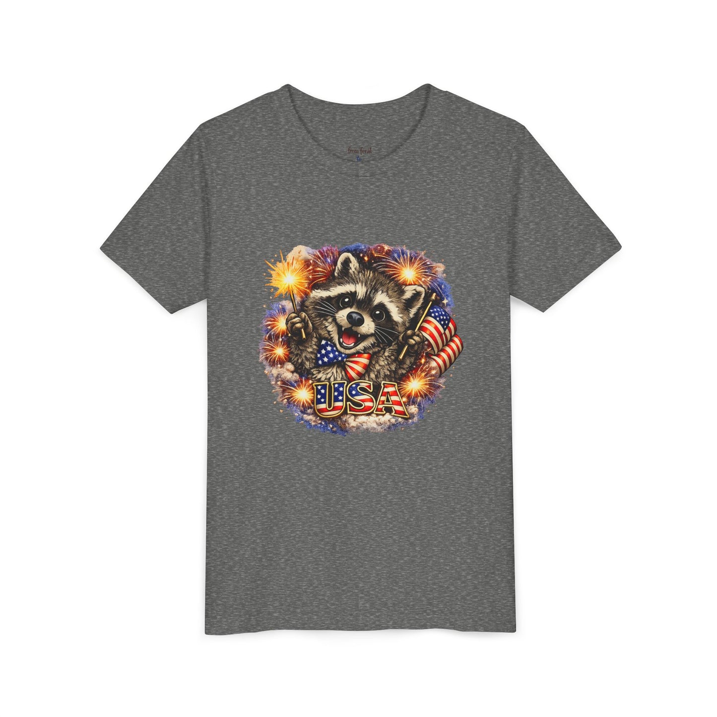 Patriotic Raccoon Youth Tee — Raccoon with American Flag & Fireworks