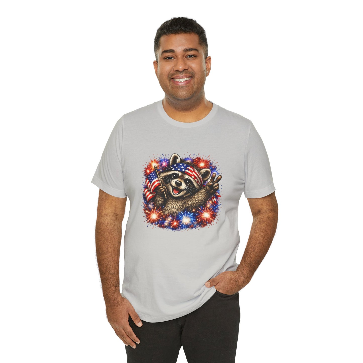 Patriot Raccoon 250th Anniversary T-Shirt — 4th of July Fireworks Flag Tee