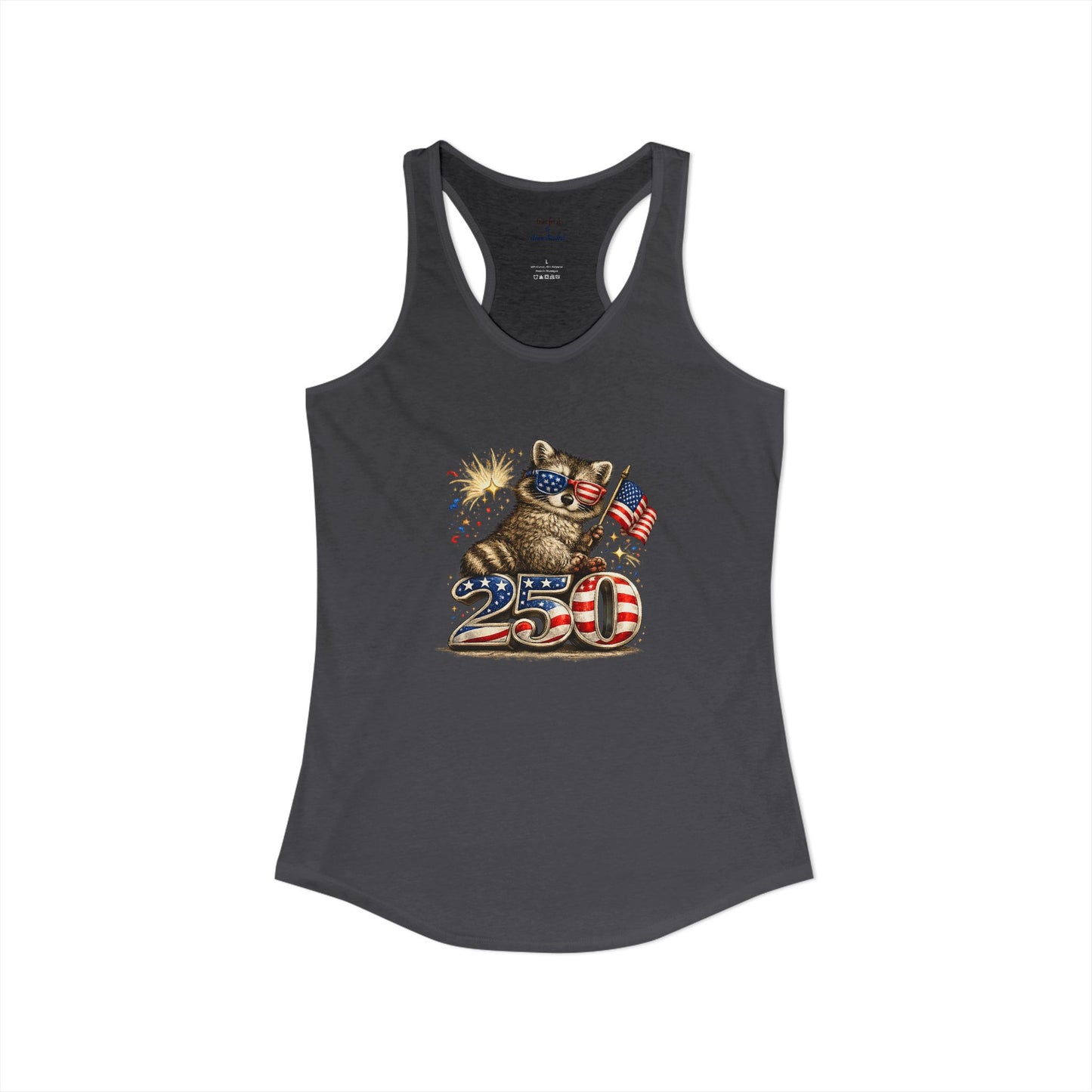 Patriotic Raccoon 4th of July Tank — Raccoon on 250 with Flag & Fireworks Racerback Tank