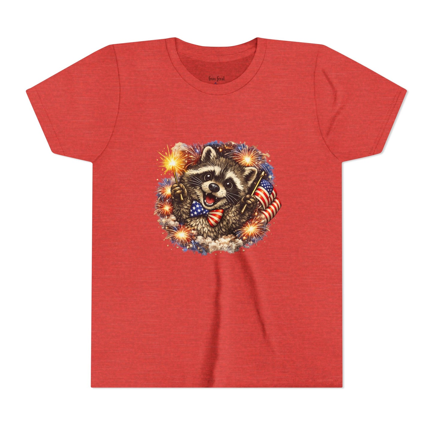 Patriotic Raccoon Youth Tee — Raccoon with American Flag & Fireworks