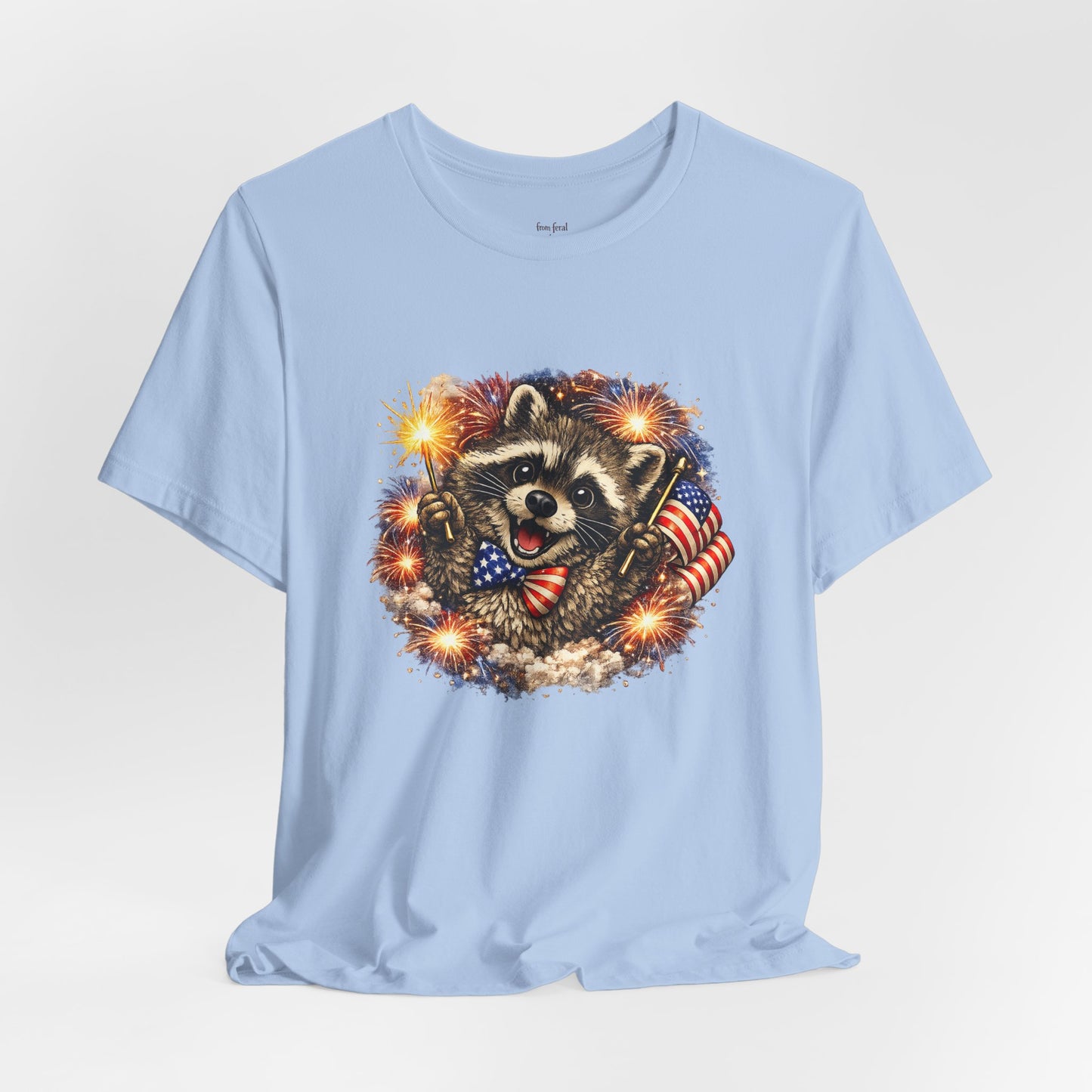 Patriot Raccoon 250th Anniversary T-Shirt — 4th of July Fireworks Flag Tee