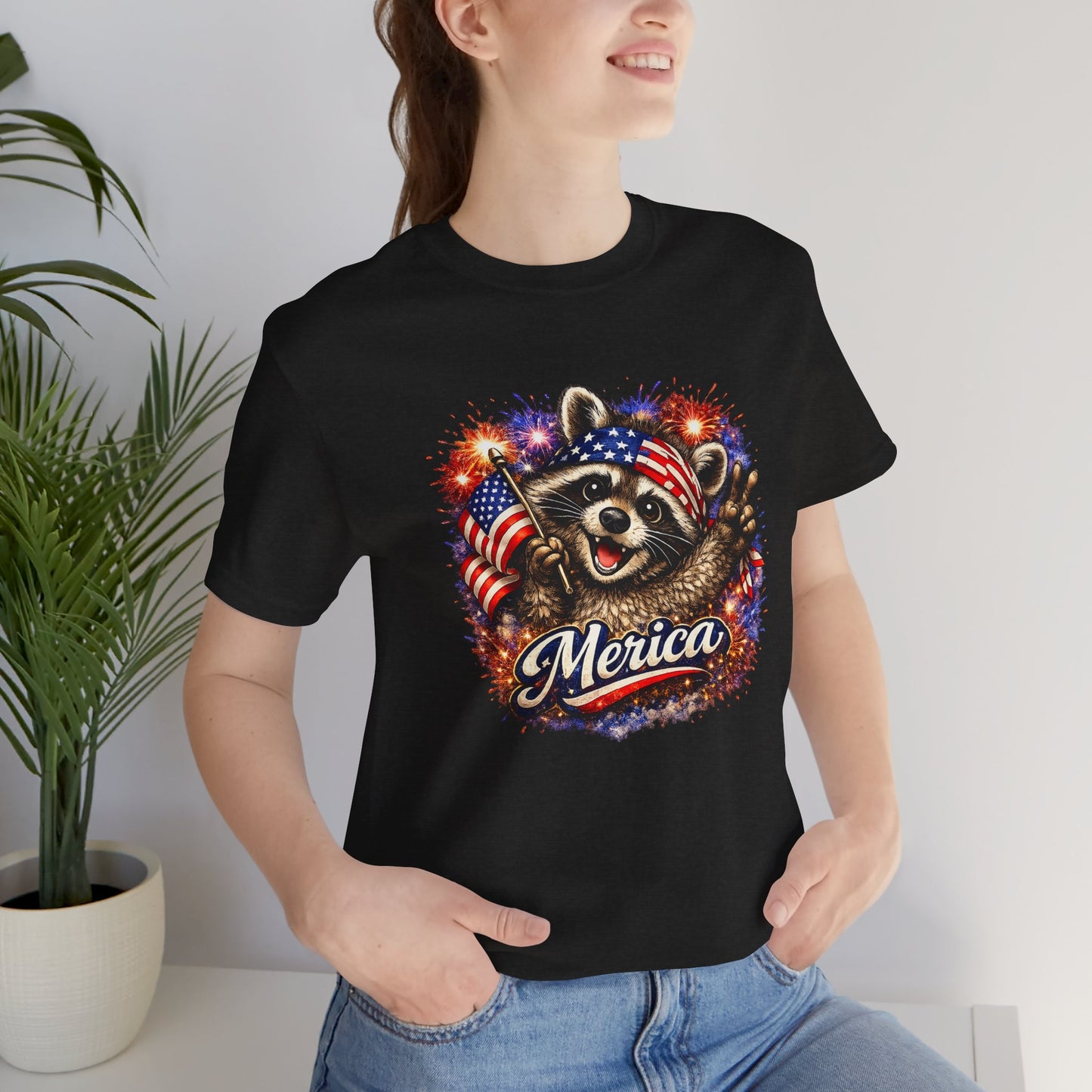 Patriot Raccoon 250th Anniversary T-Shirt — 4th of July Fireworks Flag Tee