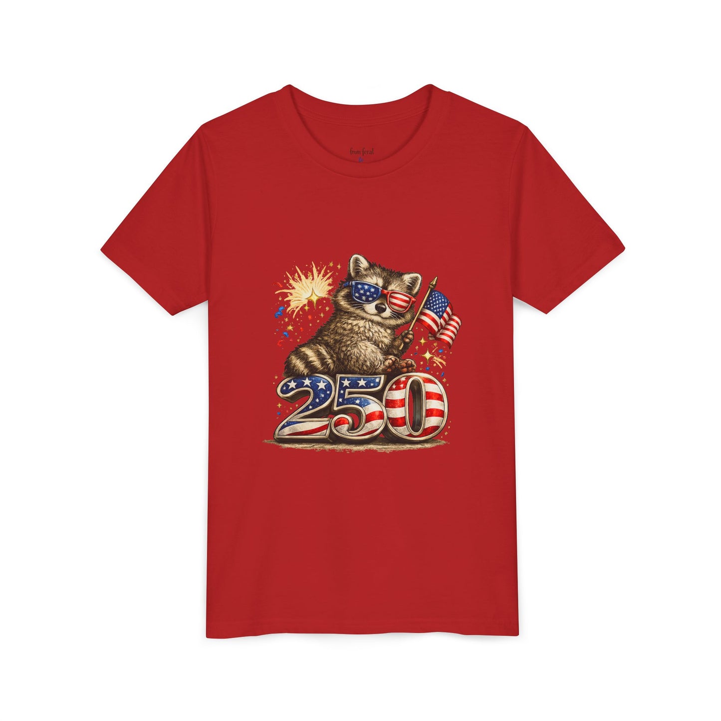 Patriotic Raccoon Youth Tee — Raccoon with American Flag & Fireworks