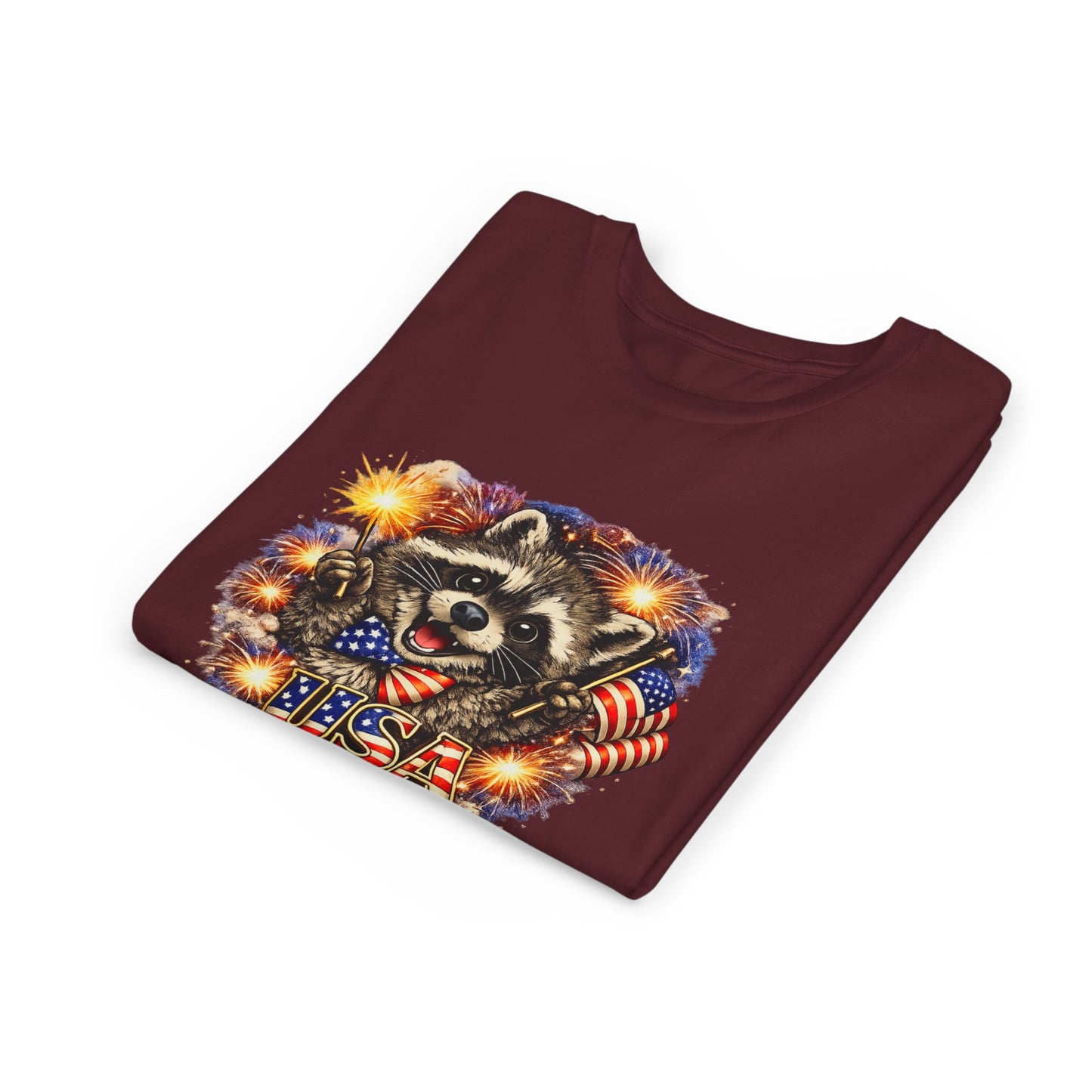Patriotic Raccoon Youth Tee — Raccoon with American Flag & Fireworks