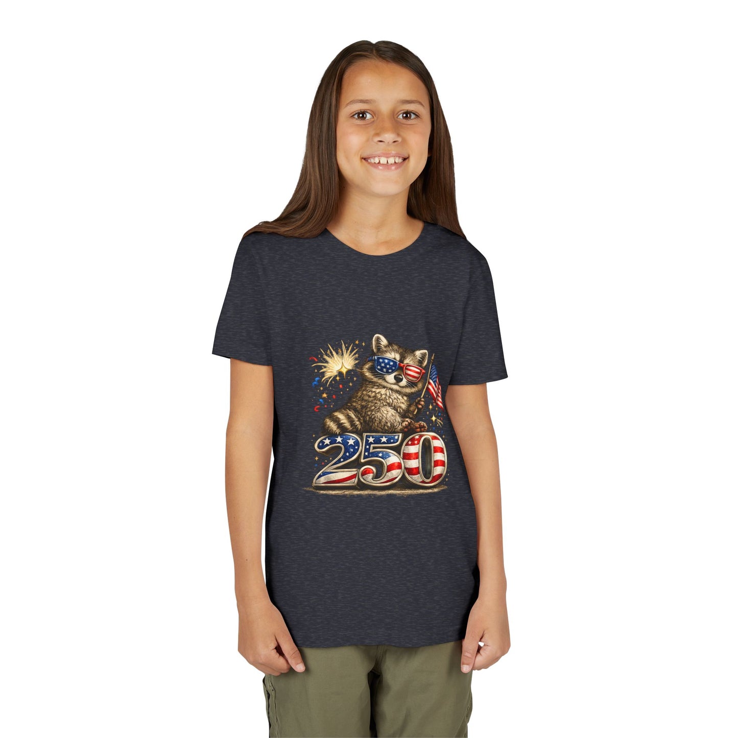 Patriotic Raccoon Youth Tee — Raccoon with American Flag & Fireworks