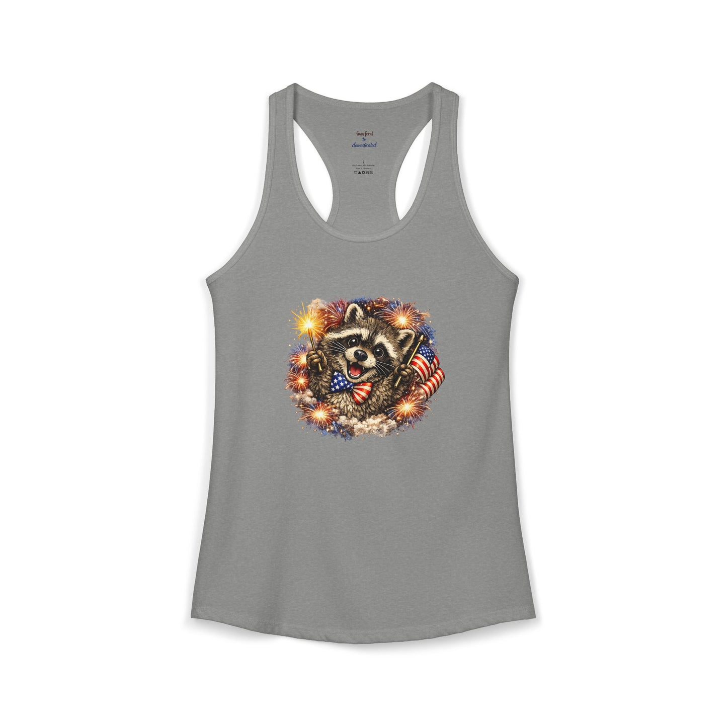 Patriotic Raccoon 4th of July Tank — Raccoon on 250 with Flag & Fireworks Racerback Tank