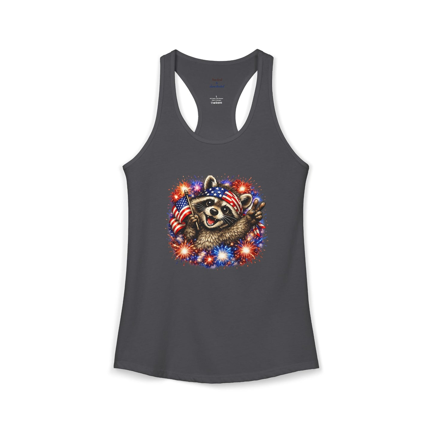 Patriotic Raccoon 4th of July Tank — Raccoon with Flag & Fireworks Racerback Tank