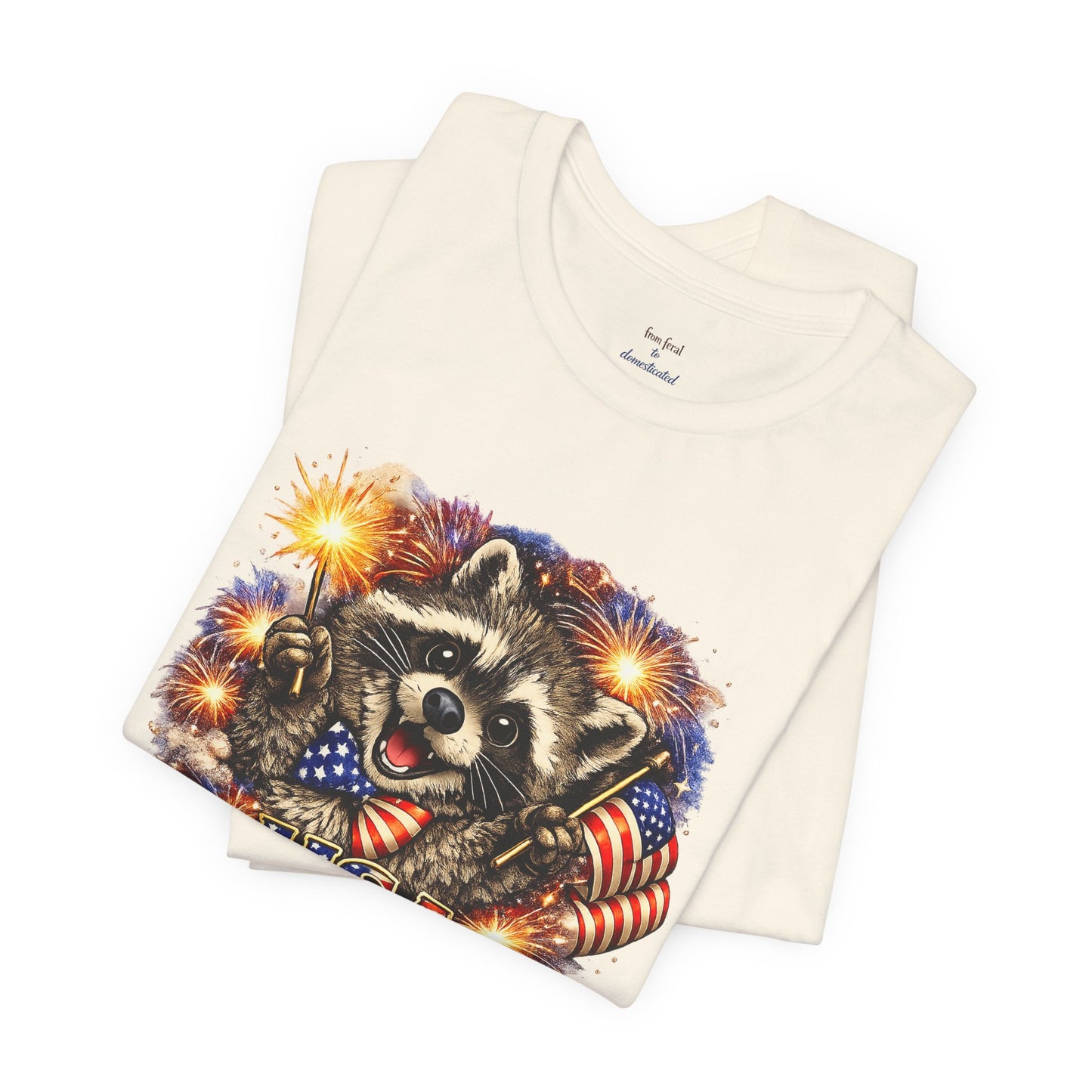 Patriot Raccoon 250th Anniversary T-Shirt — 4th of July Fireworks Flag Tee