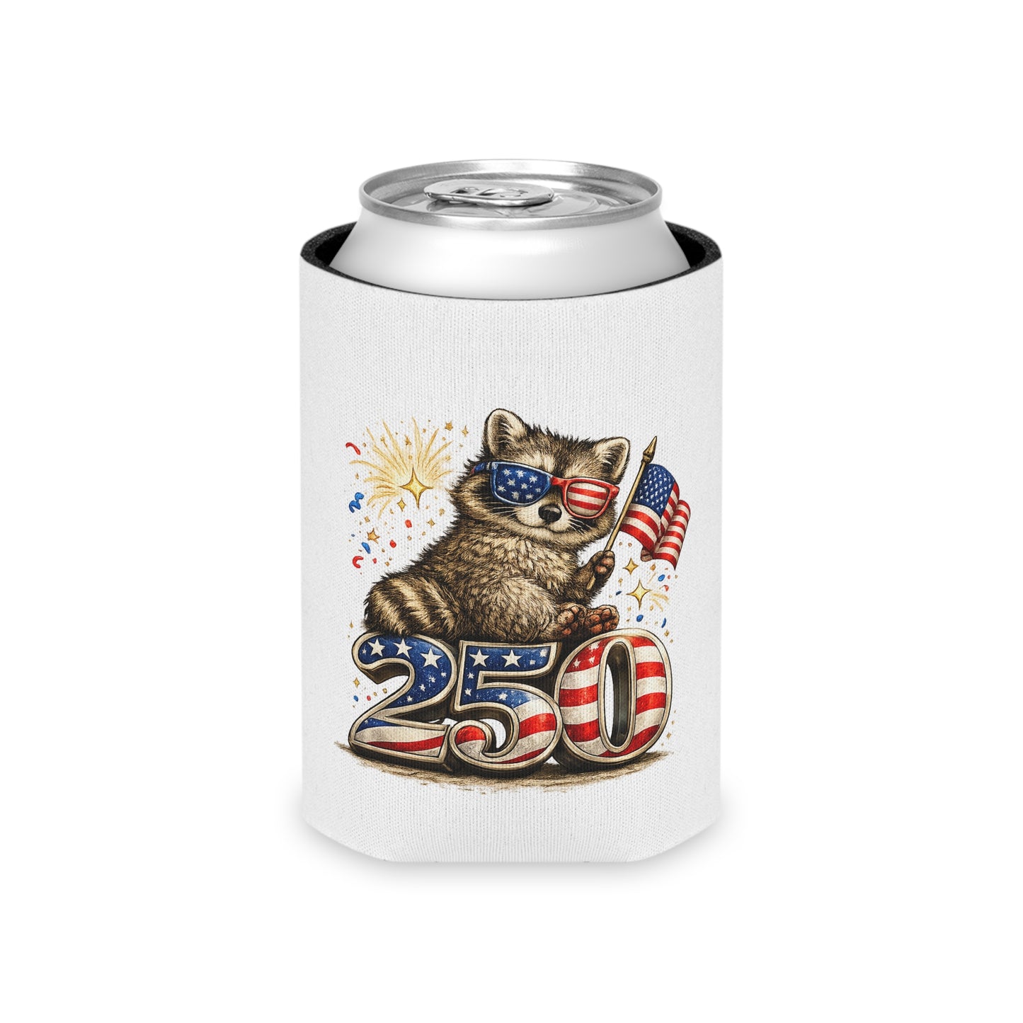 Patriotic Raccoon 250 Can Cooler – USA Flag, 4th of July Drink Koozie