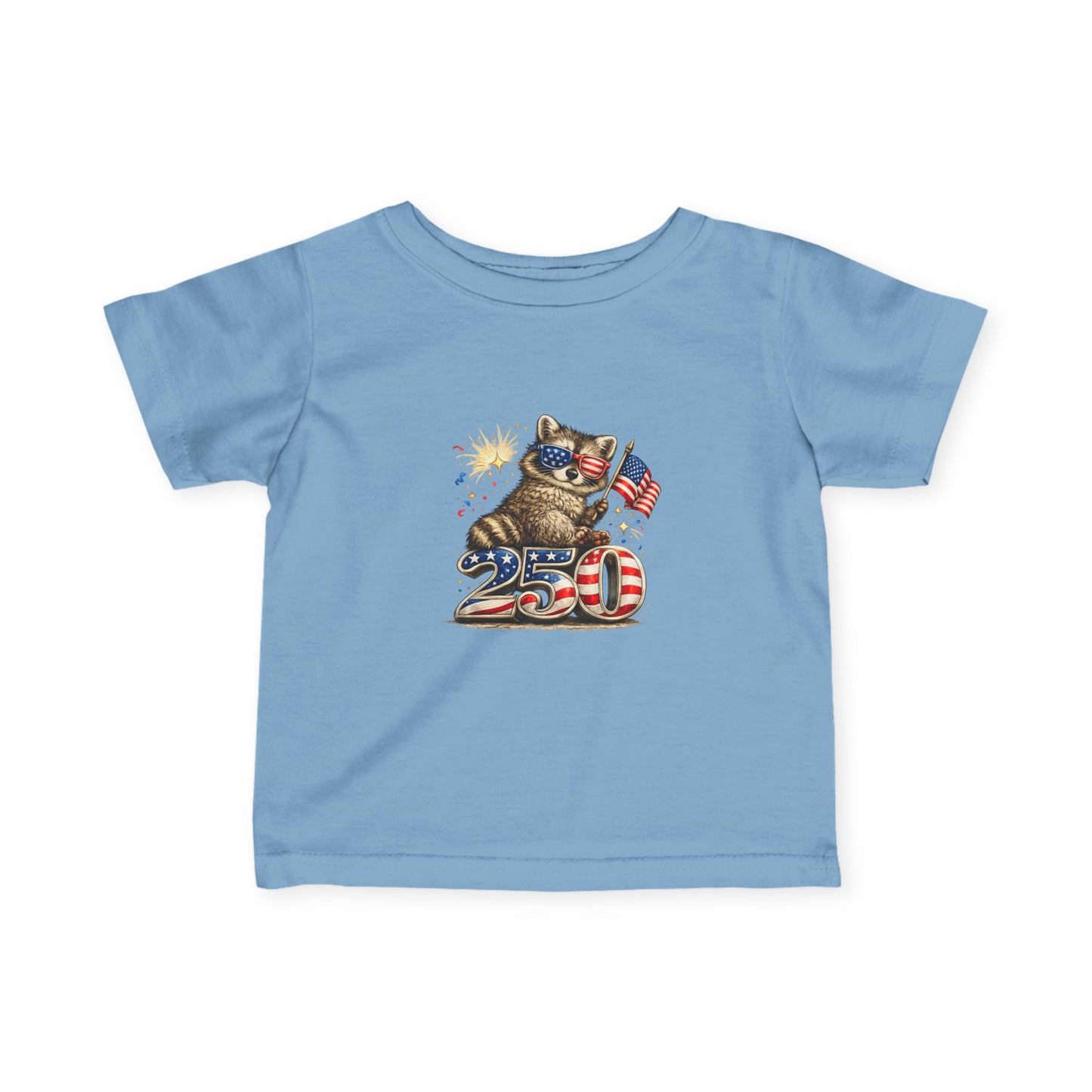 Infant Tee — Adorable Raccoon Holding American Flag "250" — 4th of July Baby Shirt