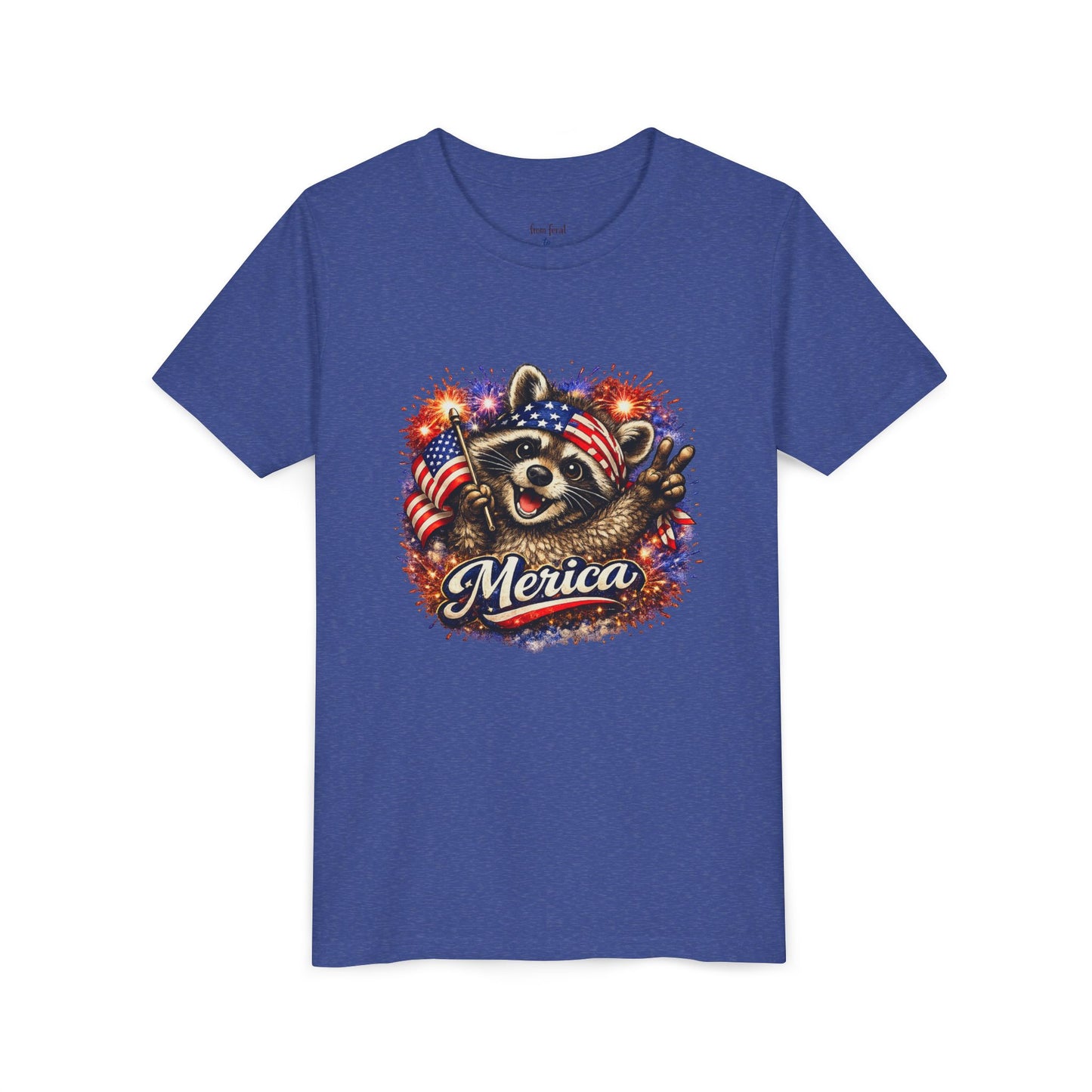 Patriotic Raccoon Youth Tee — Raccoon with American Flag & Fireworks