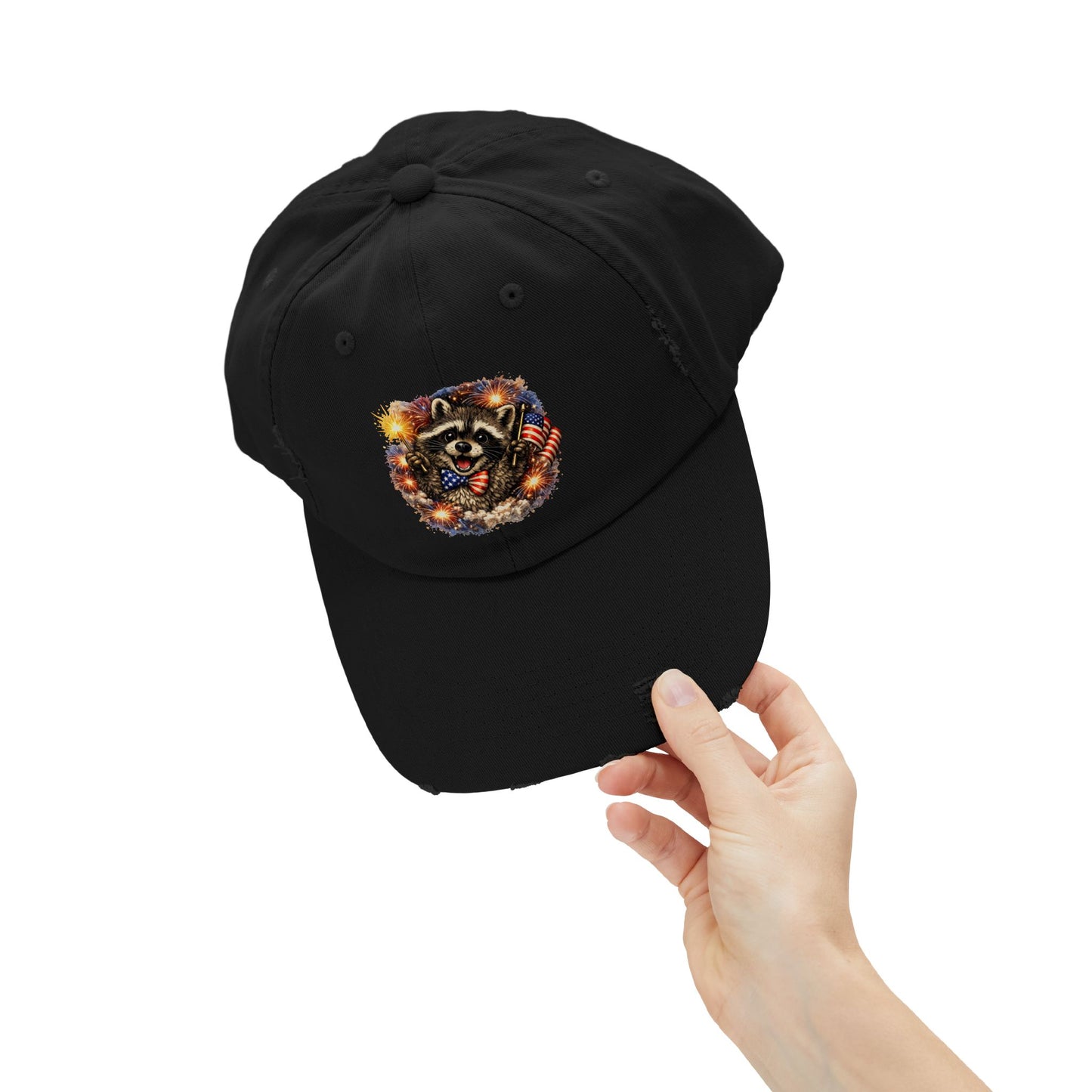 Patriotic Raccoon 250 Cap — Fireworks & Flag Distressed Baseball Hat