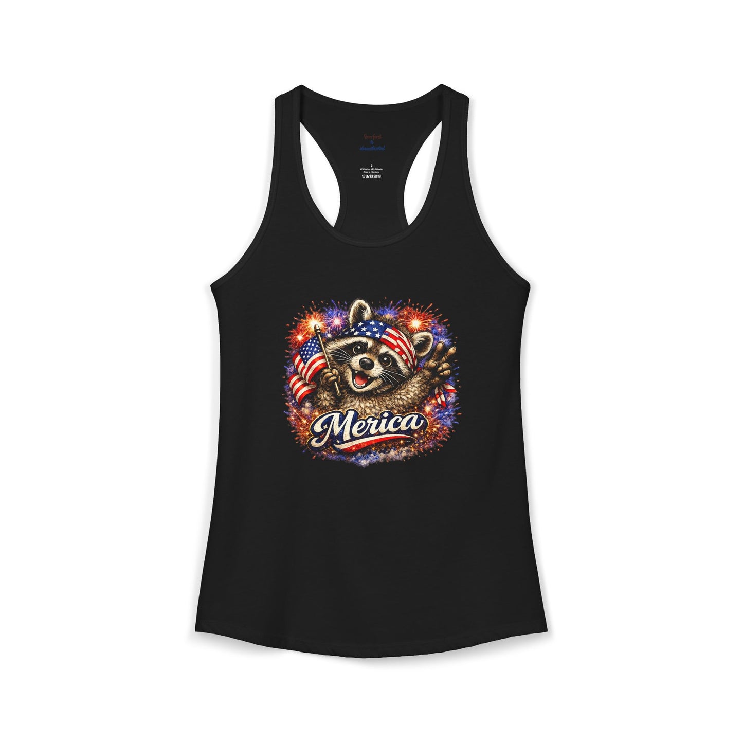 Patriotic Raccoon 4th of July Tank — Raccoon on 250 with Flag & Fireworks Racerback Tank