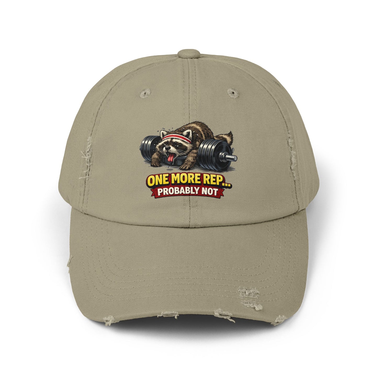 One More Rep Distressed Cap — Raccoon Mom/Dad Funny Dad Hat