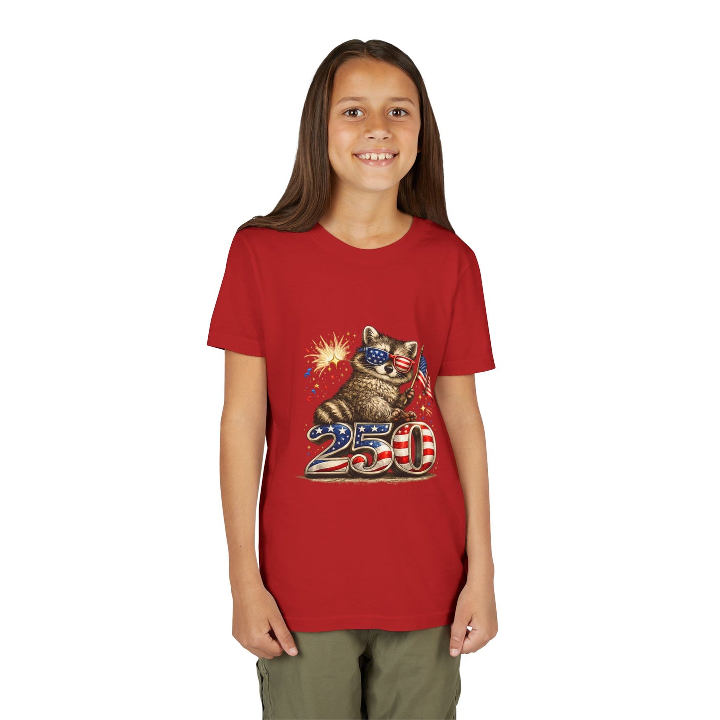 Patriotic Raccoon Youth Tee — Raccoon with American Flag & Fireworks