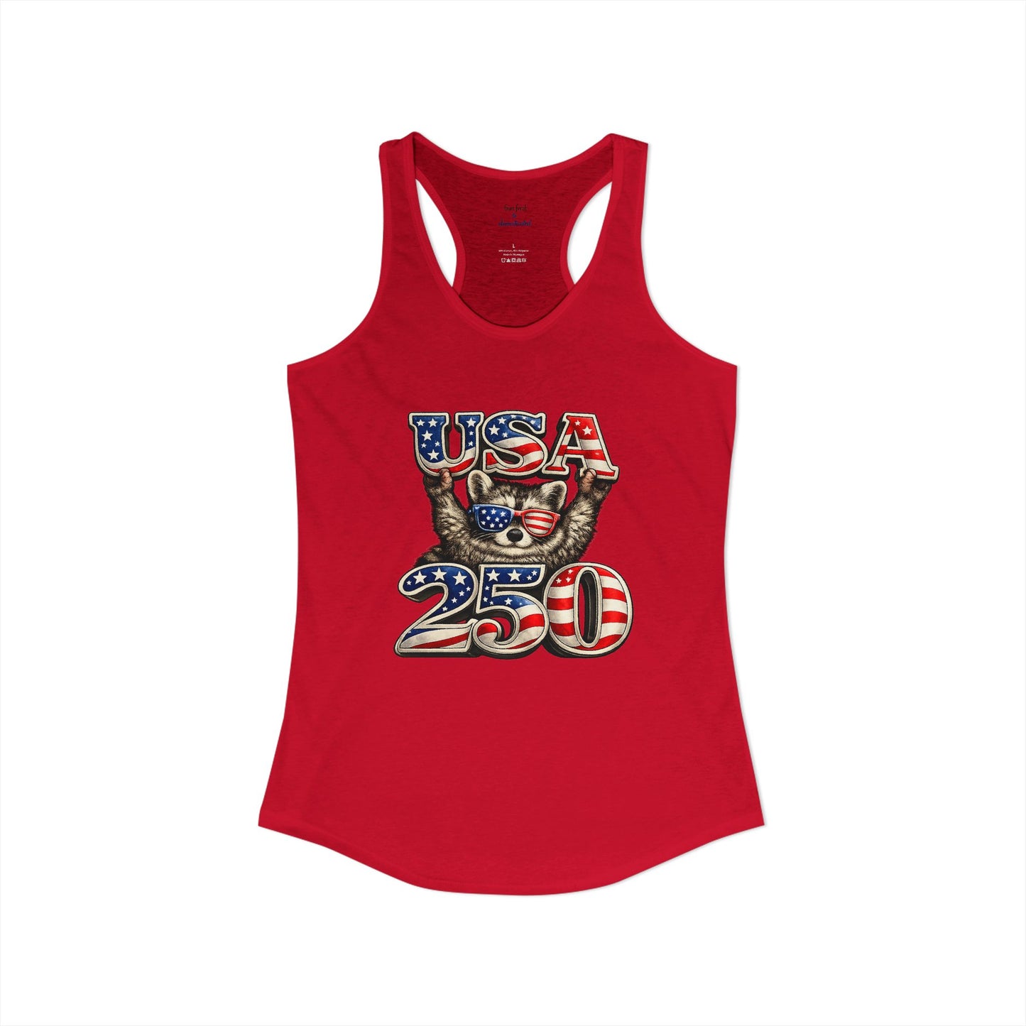 Patriotic Raccoon 4th of July Tank — Raccoon on 250 with Flag & Fireworks Racerback Tank