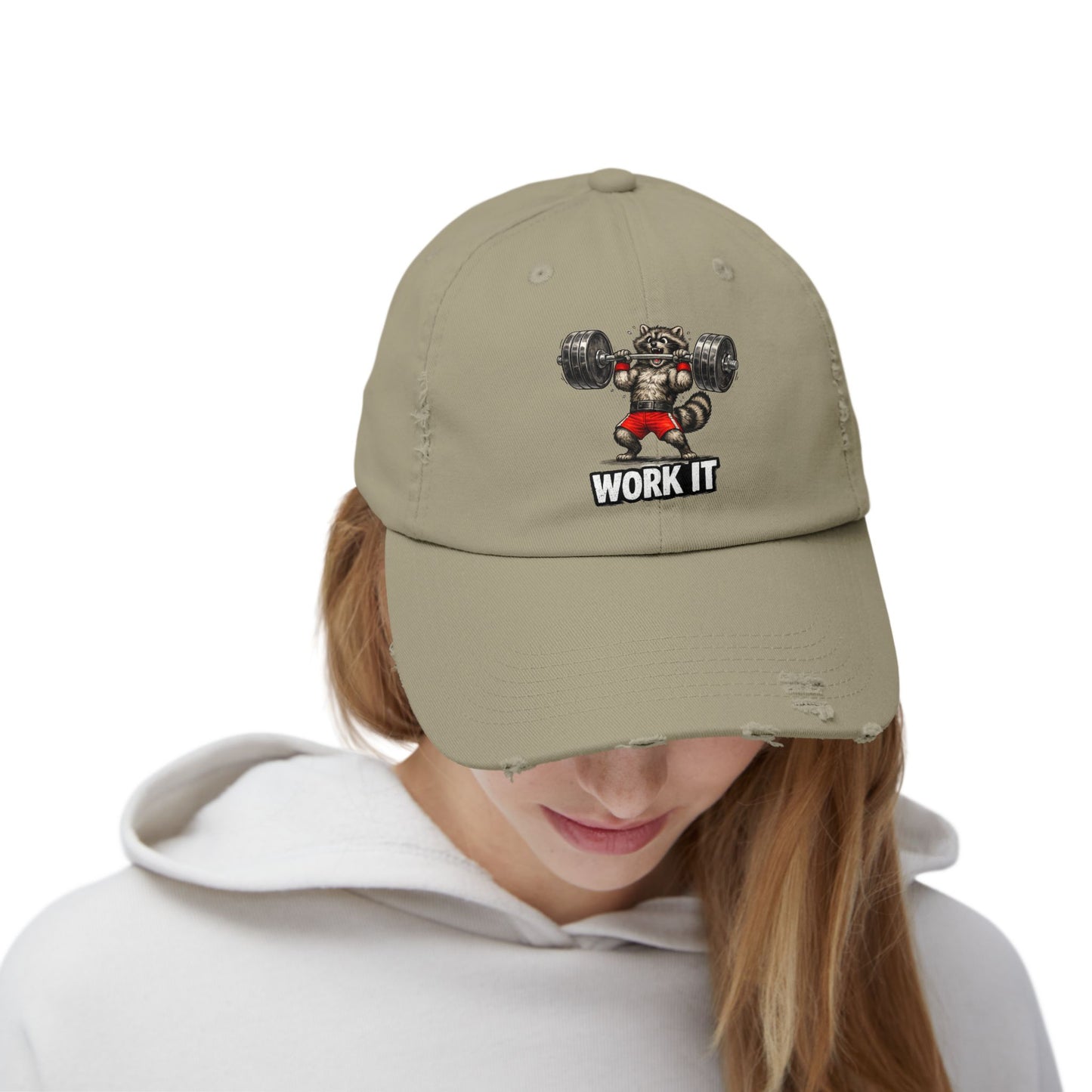 Work It Distressed Cap — Raccoon Mom/Dad Funny Dad Hat