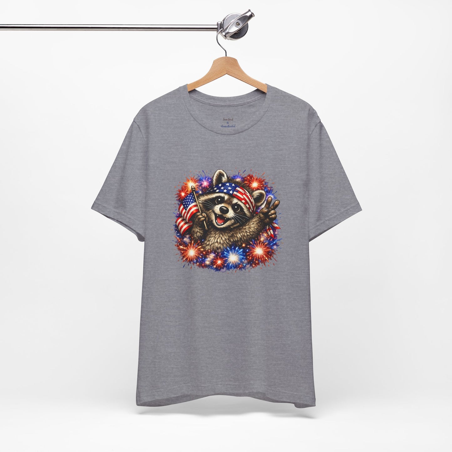 Patriot Raccoon 250th Anniversary T-Shirt — 4th of July Fireworks Flag Tee