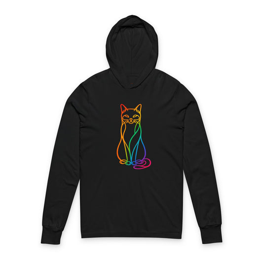 Rainbow Line Art Cat Hooded Long Sleeve Tee