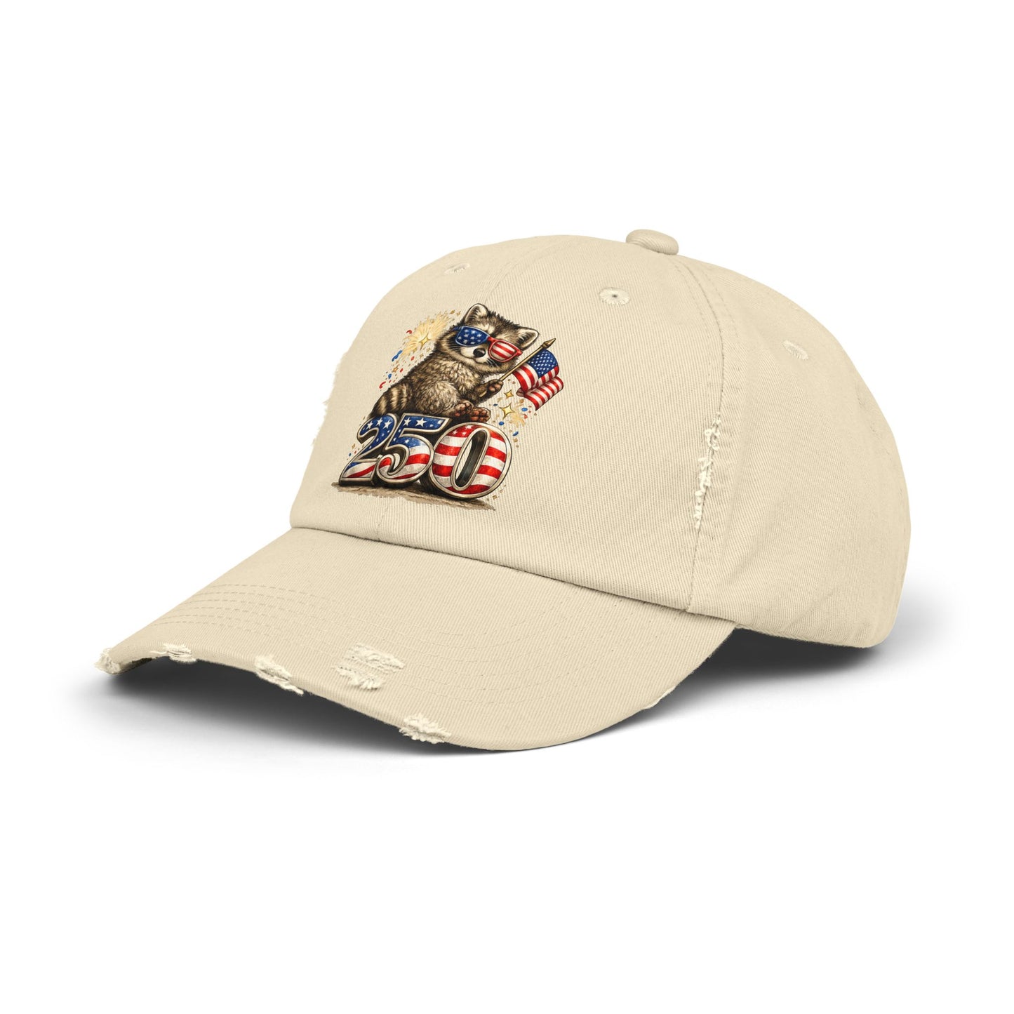 Patriotic Raccoon 250 Cap — Fireworks & Flag Distressed Baseball Hat