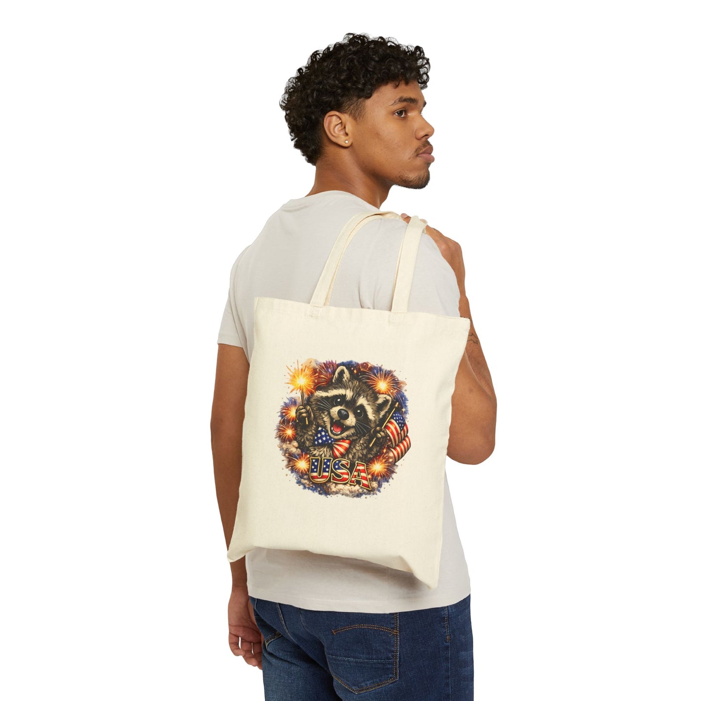 Patriotic Raccoon Fireworks Tote Bag — '250' Canvas Tote for Fourth of July