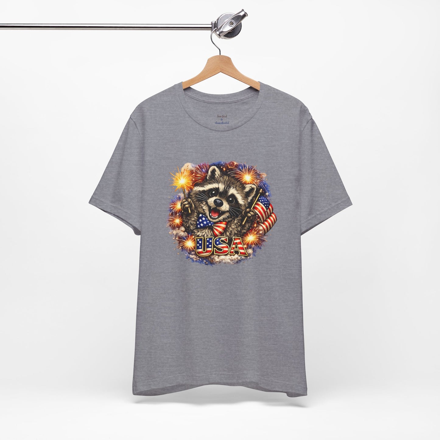 Patriot Raccoon 250th Anniversary T-Shirt — 4th of July Fireworks Flag Tee