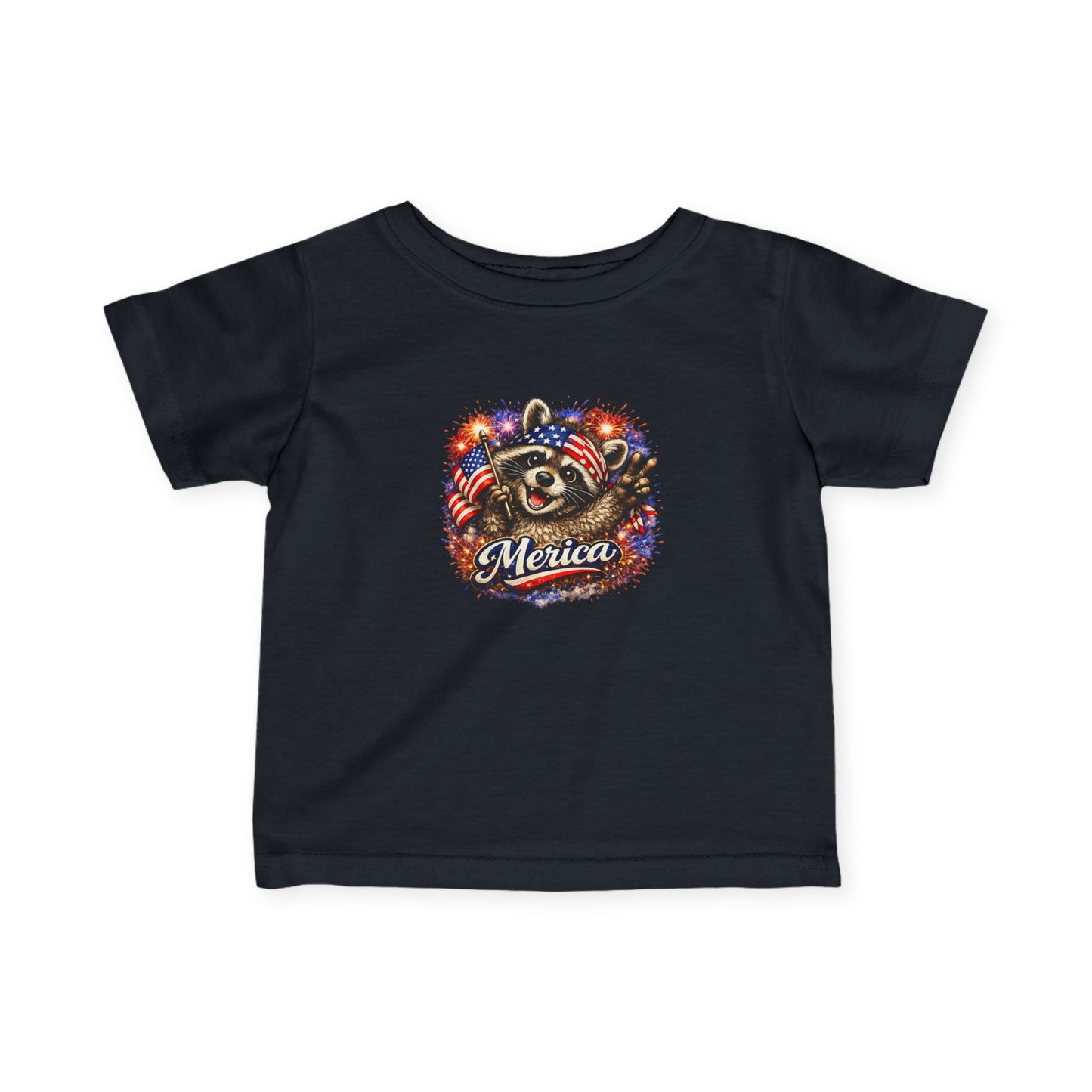 Infant Tee — Adorable Raccoon Holding American Flag "250" — 4th of July Baby Shirt